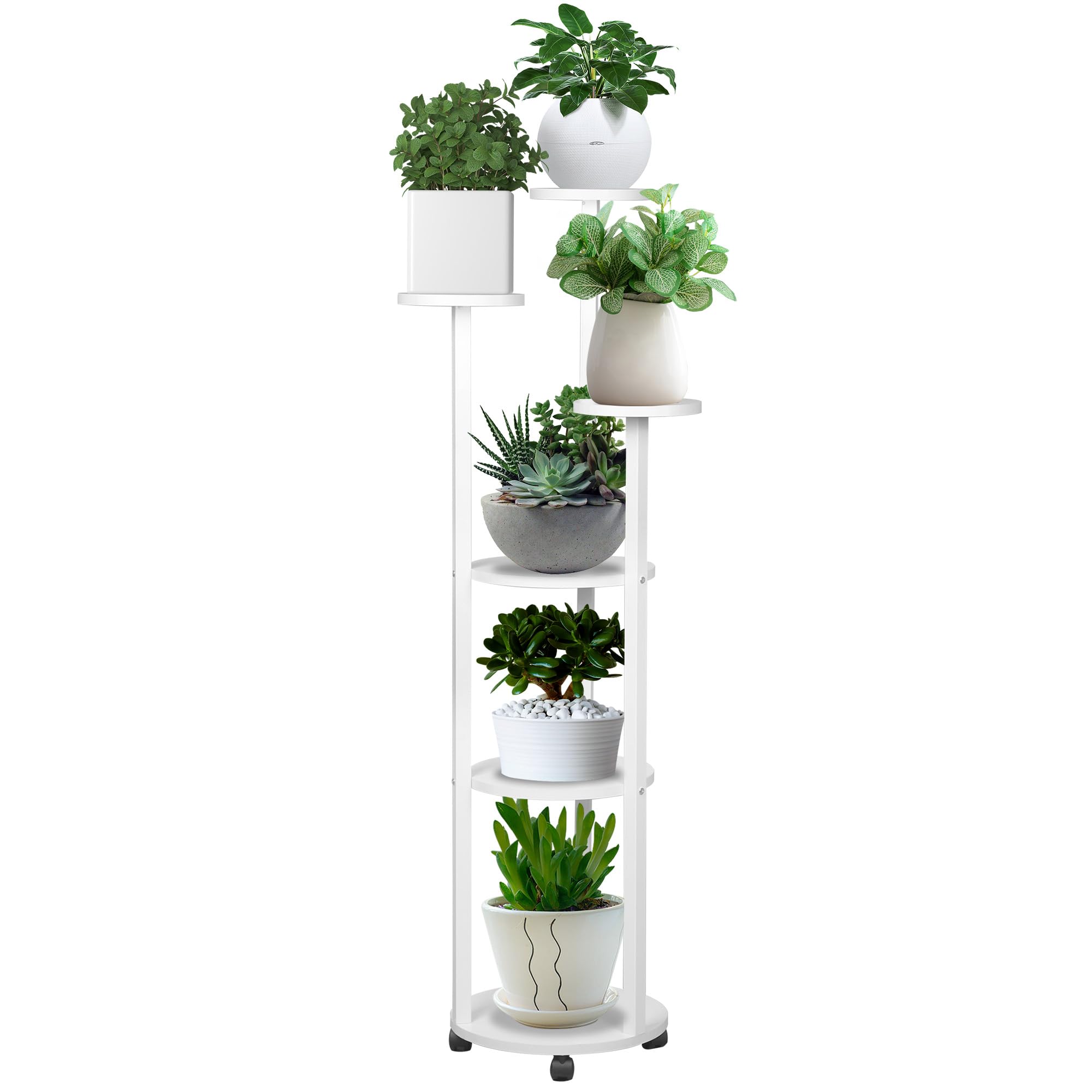 MYOYAY 6 Tier Plant Stand Indoor Space-Saving White Tall Plant Stand with Wheels Flower Stand Corner Plants Display Rack Multi-tier Planter Pot Holder for Balcony Outdoor Garden Patio, Wooden