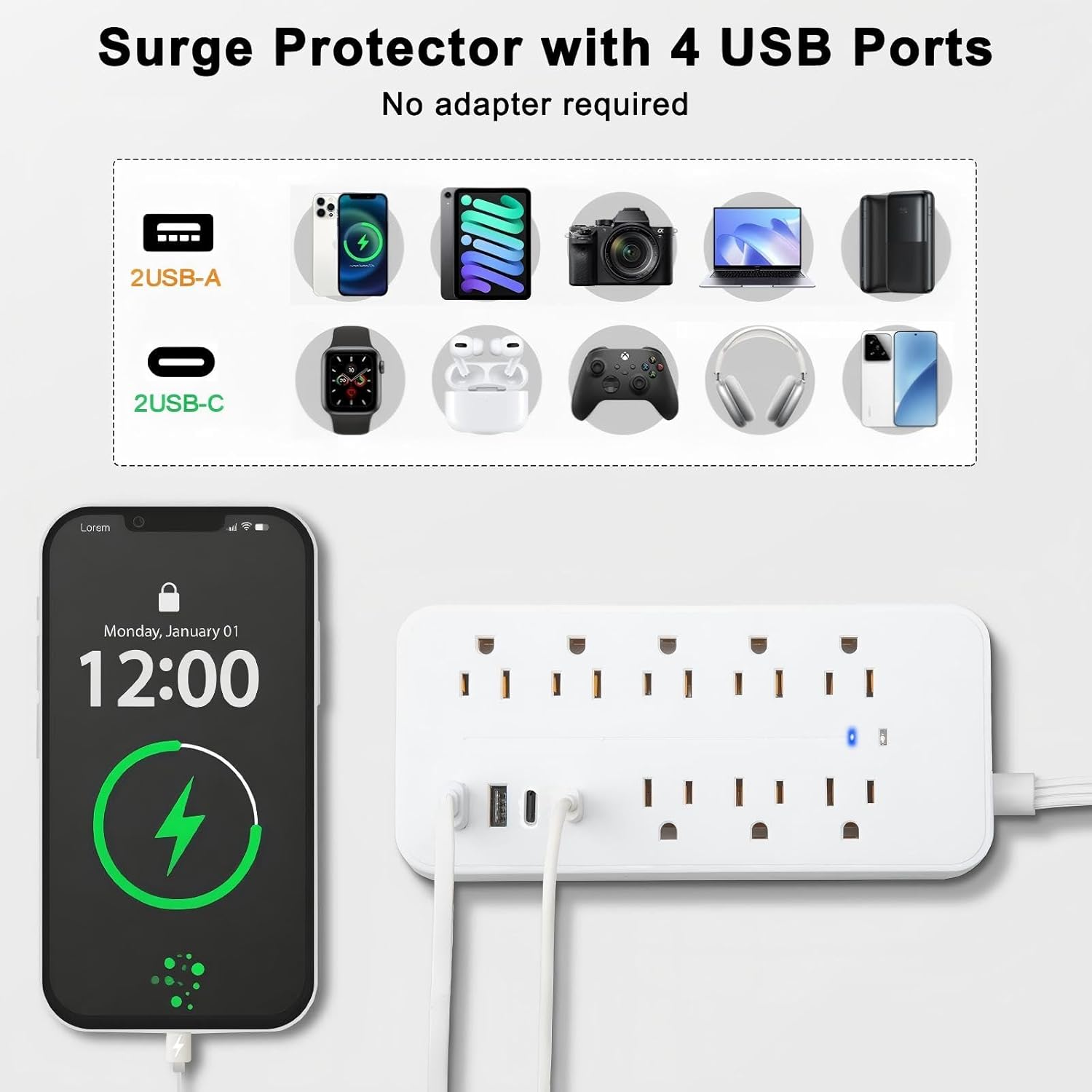 Flat Extension Cord 10 ft, Surge Protector Power Strip with 8 Outlets 4 USB Ports, 3 Prong, Overload Protection, Flat Plug Extension Cord for Indoor, Office Supplies, Dorm Room Essentials, White