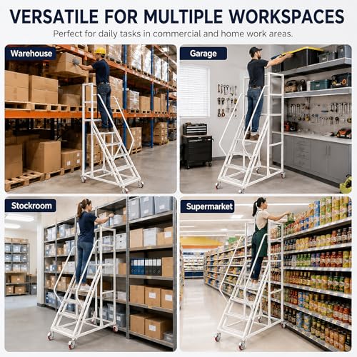 Image of 6 Step Rolling Ladder with Handrails, 1100 lbs Capacity Heavy Duty Mobile Warehouse Ladder with Wheels, Industrial Steel Non-Slip Rolling Stairs with Large Platform, for Garage Stockroom Library