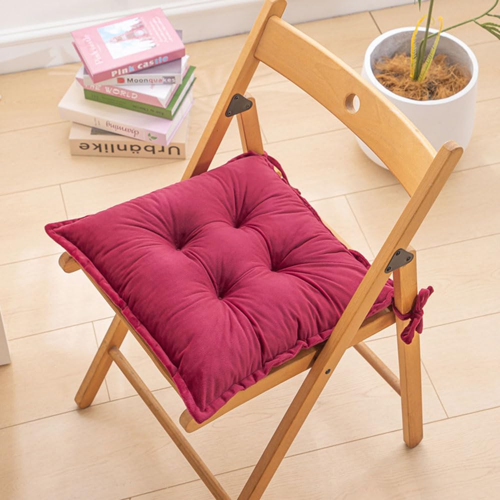 Hixingo Set of 2 Chair Cushions, Seat Cushions with Ties for Dining Kitchen, Plush Garden Chair Cushions Washable Solid Color Seat Pads (45x45cm(Pack of 2),Claret)
