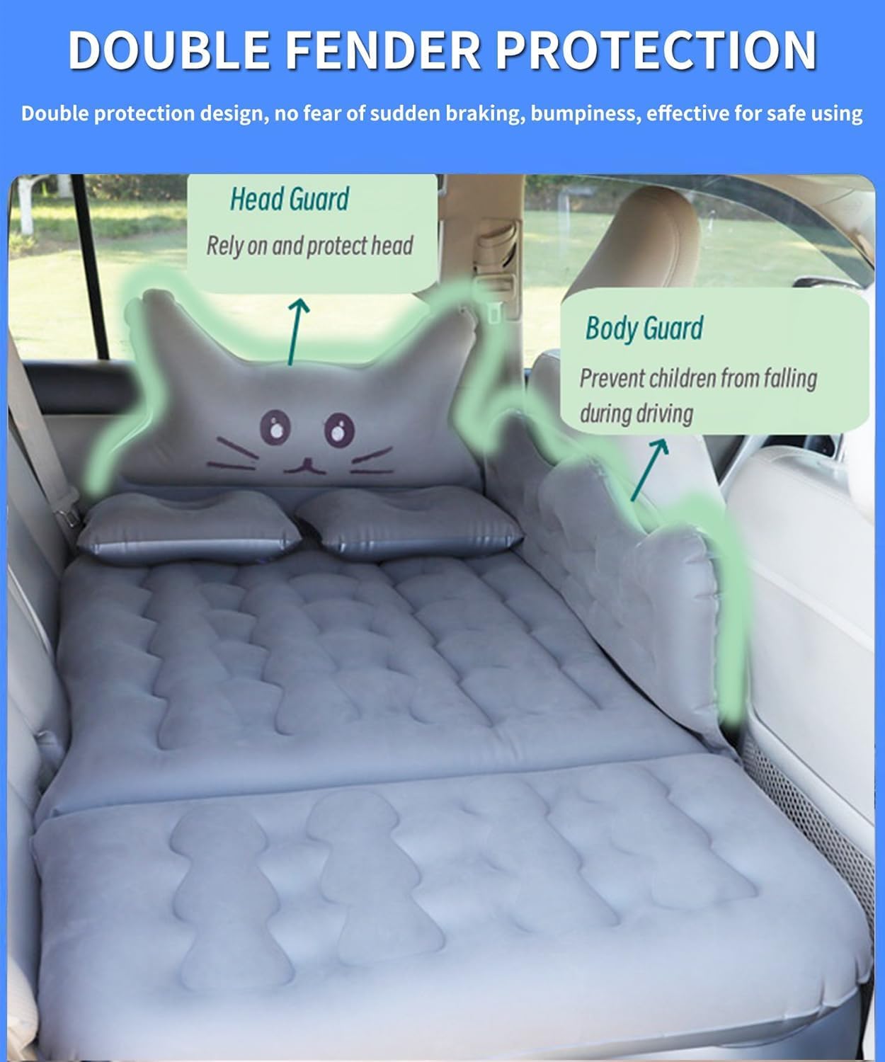 Inflatable Car Air Mattress Bed - SUV Truck Air Mattress Back Seat Camping Bed Thickened Universal Vehicle Sleeping Pad for Travel with Air Pump 2 Pillows (Grey)