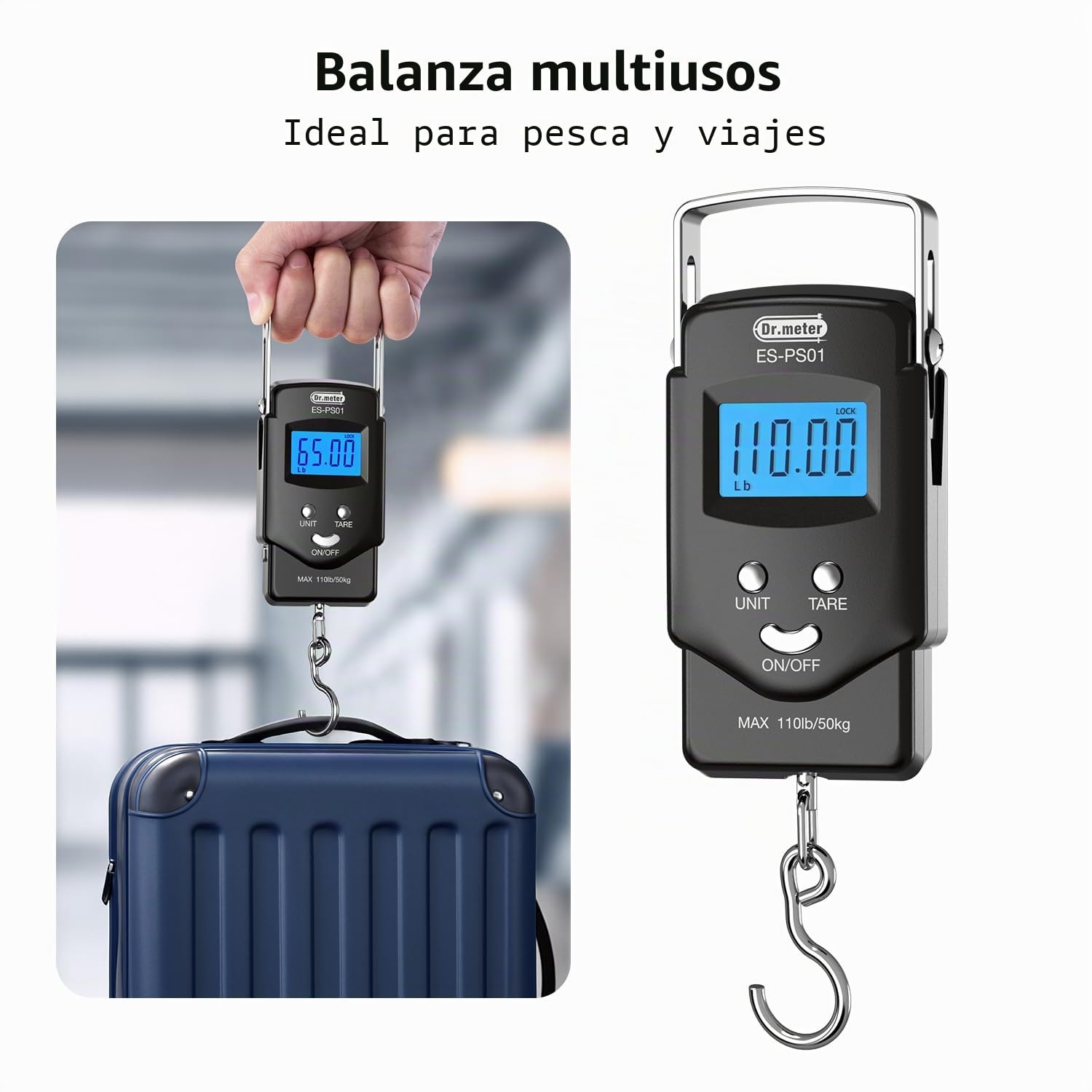 Bascula pesca, Dr.meter pesa maletas, bascula maletas, Electrónico Digital con Pantalla LCD Retroiluminado 110 Libras / 50kg con Cinta Métrica, 2 Pilas AAA Incluidas