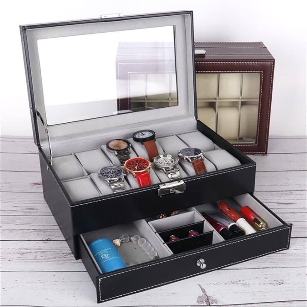 12 rejillas de cuero PU caja de reloj organizador de doble capa reloj joyería almacenamiento y caja de presentación con cerradura palabra (color rojo, tamaño: 30,2 x 20 x 13 cm)