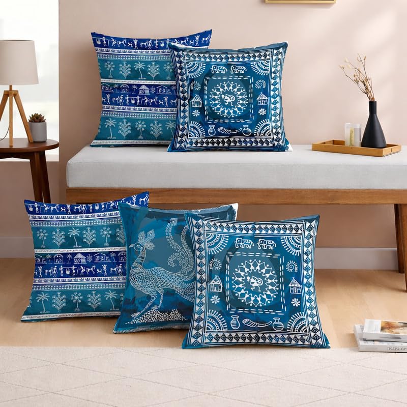 STITCHNEST Indigo Tribal Warli Art Printed Cushion Cover Set of 5 | 12x12 Inches Decorative Sofa Cushion Covers | Premium Polycotton Ethnic Throw Pillow Covers for Living Room Home Décor-image-20