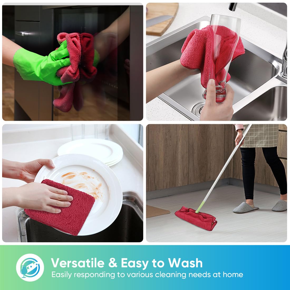 HOMEXCEL Microfiber Cleaning Cloth,12 Pack Cleaning Rags, Cleaning Towels with 4 Color Assorted, 11.5"X11.5"(Green/Blue/Yellow/Pink)