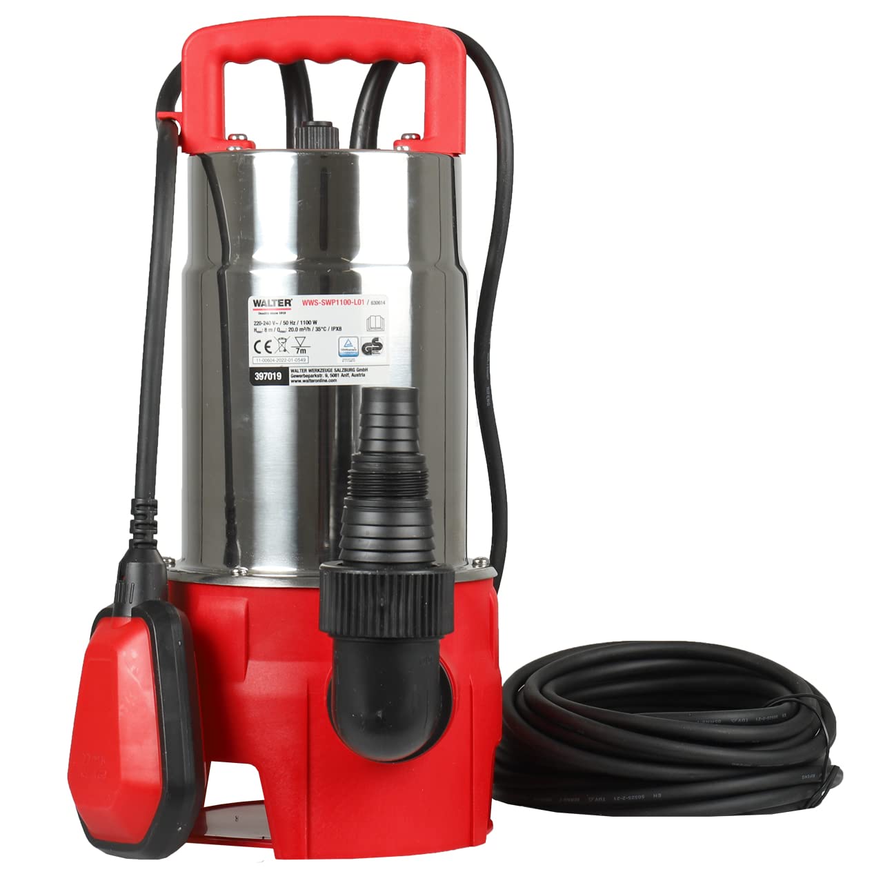 WALTER Schmutzwasserpumpe 1100 W, 20.000 L/h Fördermenge, 8 m Förderhöhe, 10 m Kabel, vielseitig einsetzbar für Keller, Teiche, Pools, verunreinigtes Wasser, mit Schlauchanschluss und Halteseil