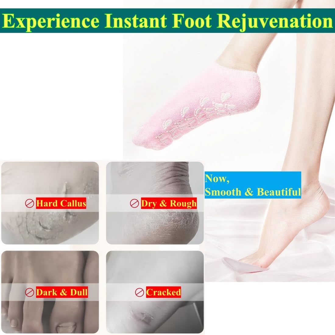 WOWDECOR Moisturizing Gel Socks for Dry Feet Cracked Heels, 2 Pairs Spa Socks Gel Lining Infused with Essential Oils and Vitamins for Softening, Soft Cotton Overnight Use (Blue, Green, 2 Pairs)