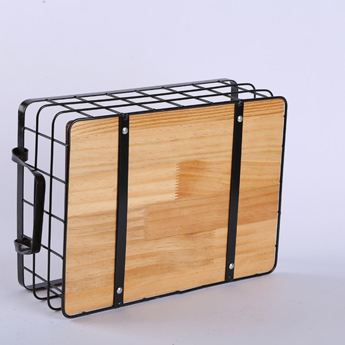 BESTOYARD Cesta Rectangular de Almacenamiento de Hierro y Madera para Frutas y Snacks Diseño Simple y Asas Negras para Cocina