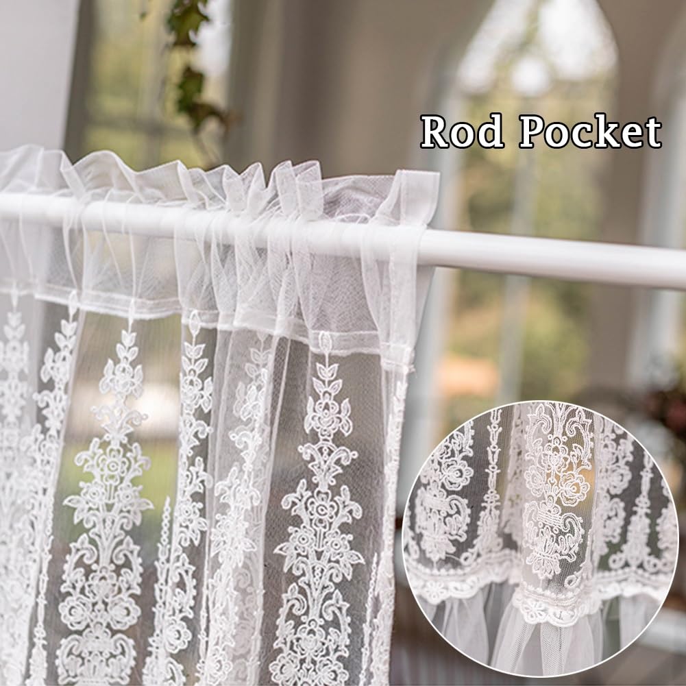 Tendine Corte a Motivo Floreale Bianco, Mezza Tenda in Pizzo per Camera da Letto Cucina, 1 Pezzi(W: 150 X L:100CM/59X39IN)