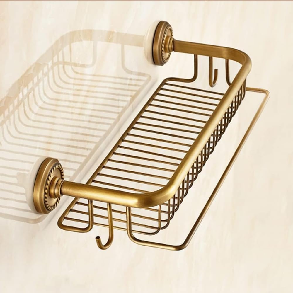 Floating Shelves Shower Caddy Bathroom Shelve Total Brass Antique Shampoo Holder Cosmetics Towel Shelf with Hook Multifunctional Shelf