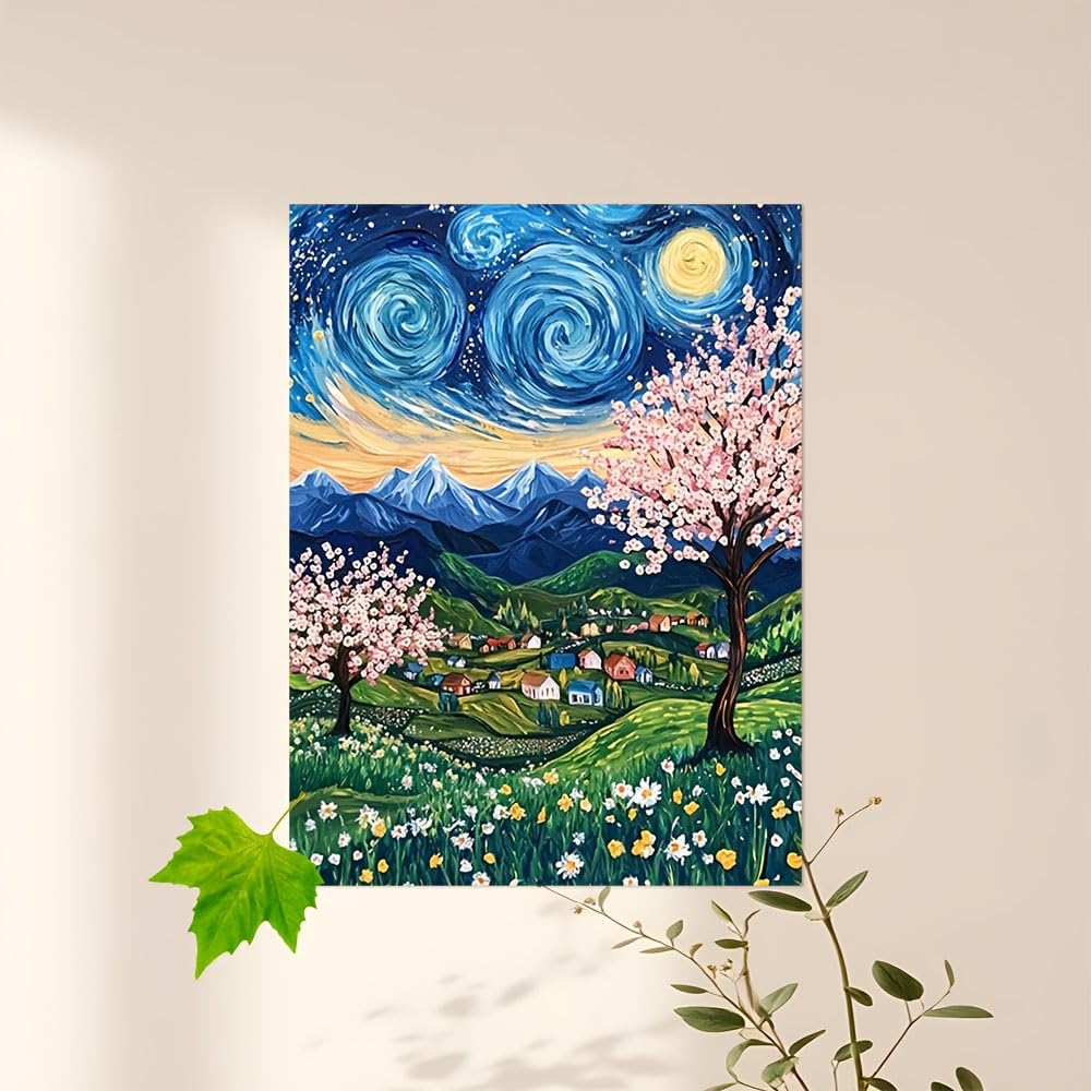awitufhgp Van Gogh Style Starry Night with Cherry Blossoms, Mountains and Village Canvas Wall Art, for Living Room, Bedroom, Office(60x80cm/24x31in(WxH)/No frame)