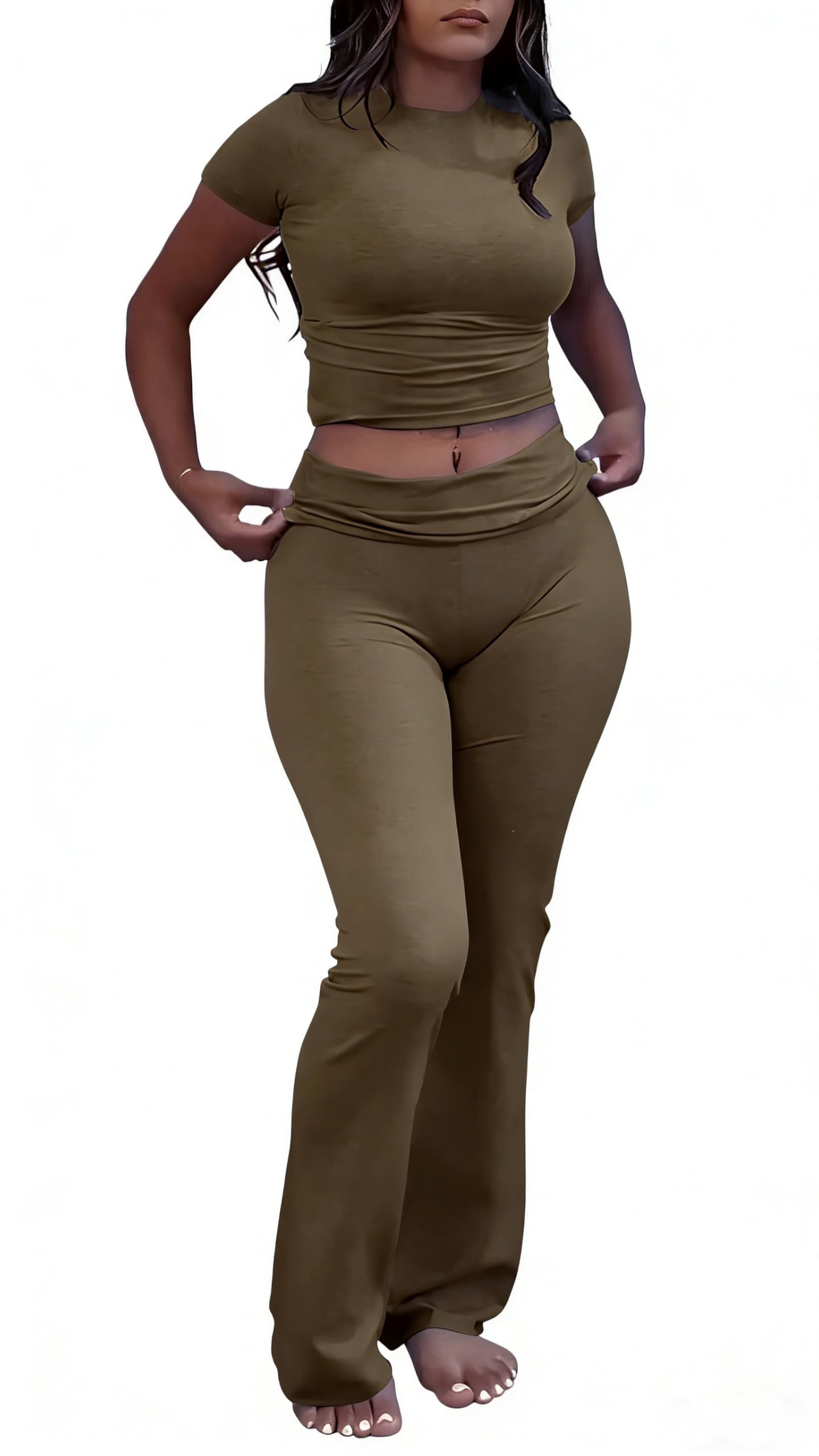 Yetowa Women's Dark Khaki 2 Piece Lounge Outfits Slim Short Sleeve Tops Low Rise Flare Leggings Sets Yoga Sweatsuit, M