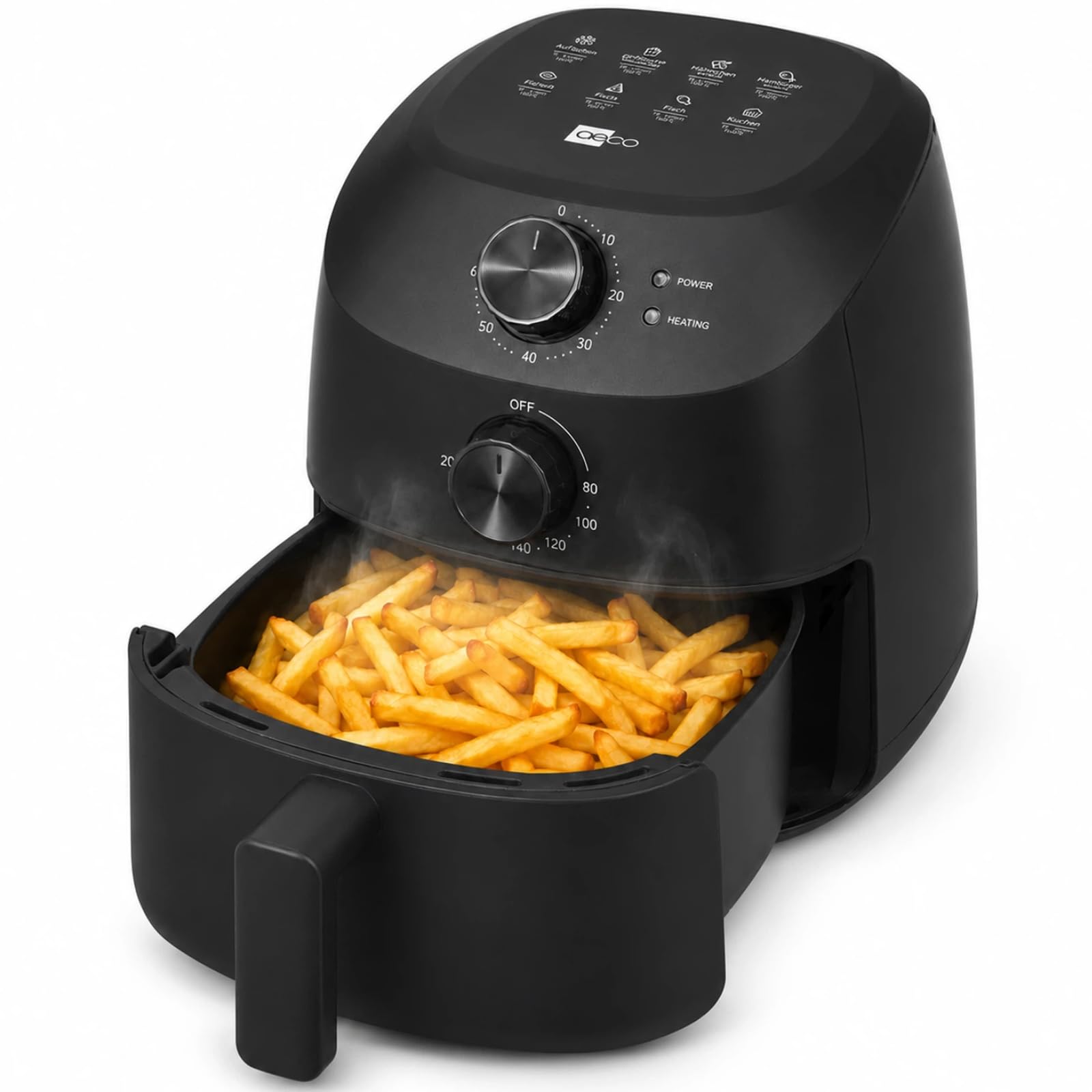 aeco Cube 2.0 Mini Airfryer – Kompakte Heißluftfritteuse, 2 Liter, BPA-frei, 60 Min. Timer, Antihaft, 80% weniger Öl, energieeffizient, Automatische Abschaltfunktion