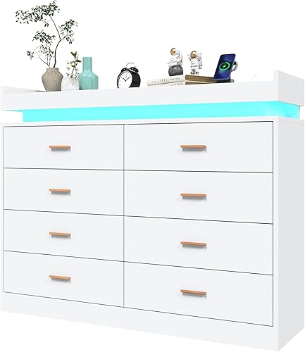 Miniatura 9 de Cómoda de 8 cajones con luz LED y estación de carga, cómoda moderna para armario, armario organizador de cajones anchos para dormitorio, sala de