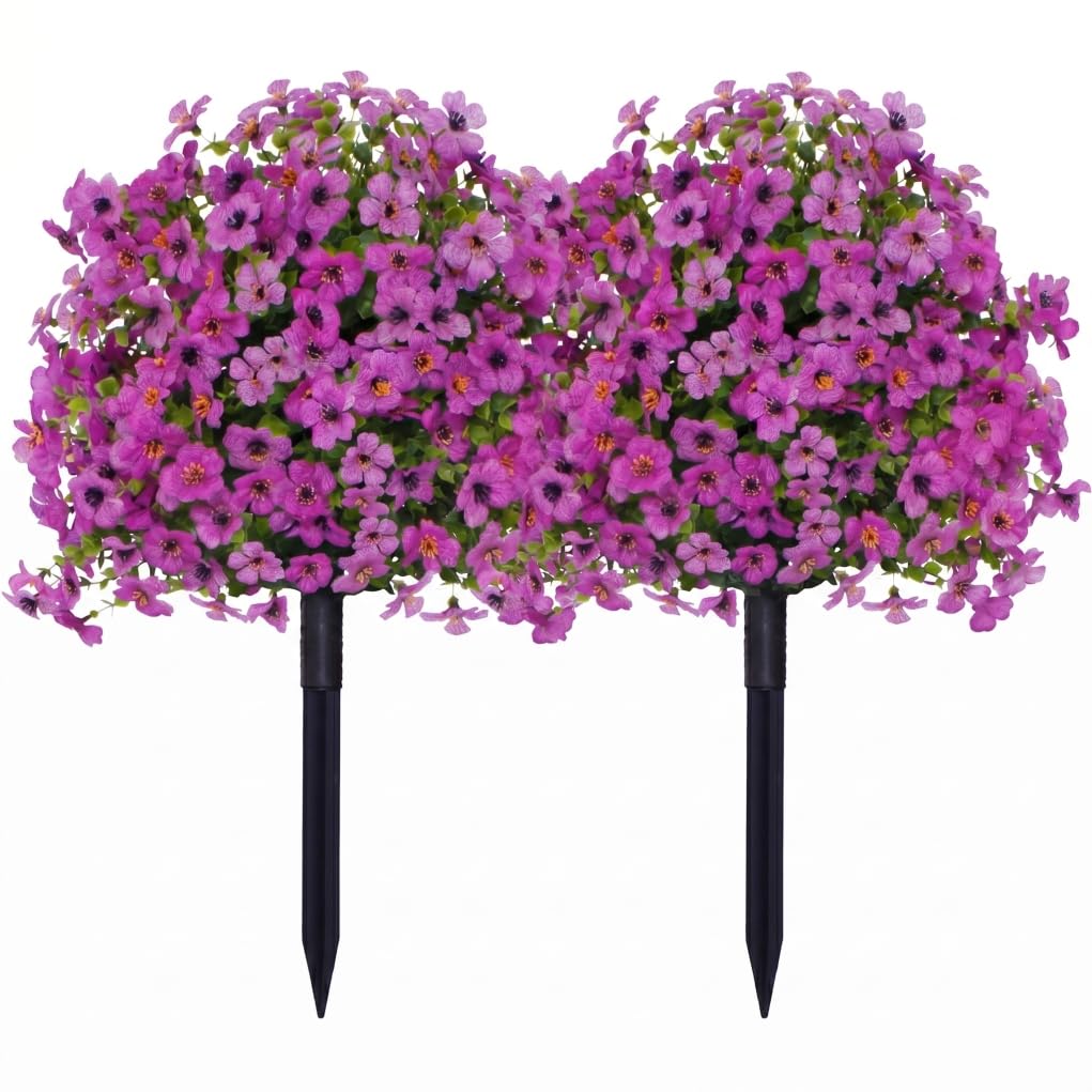 Gemuseeee Artificial Flowers With Ground Stakes, 2pcs Artificial Bushes for Outdoors, Outdoor Faux Flowers For Garden & Home Decor, Purple
