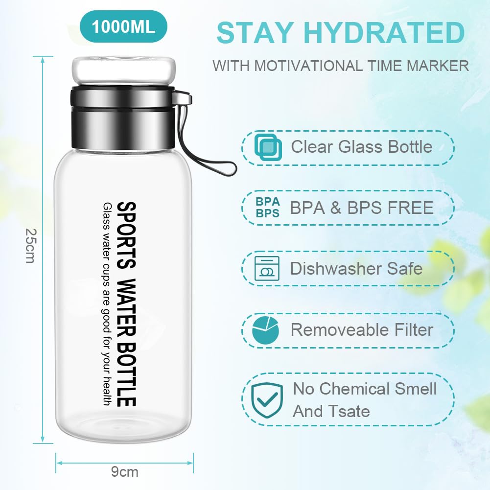 flintronic Glass Water Bottle-1 Liter, Borosilicate Glass Drink Bottle with Stainless Steel Filter, Leak-proof & BPA Free - Image 2