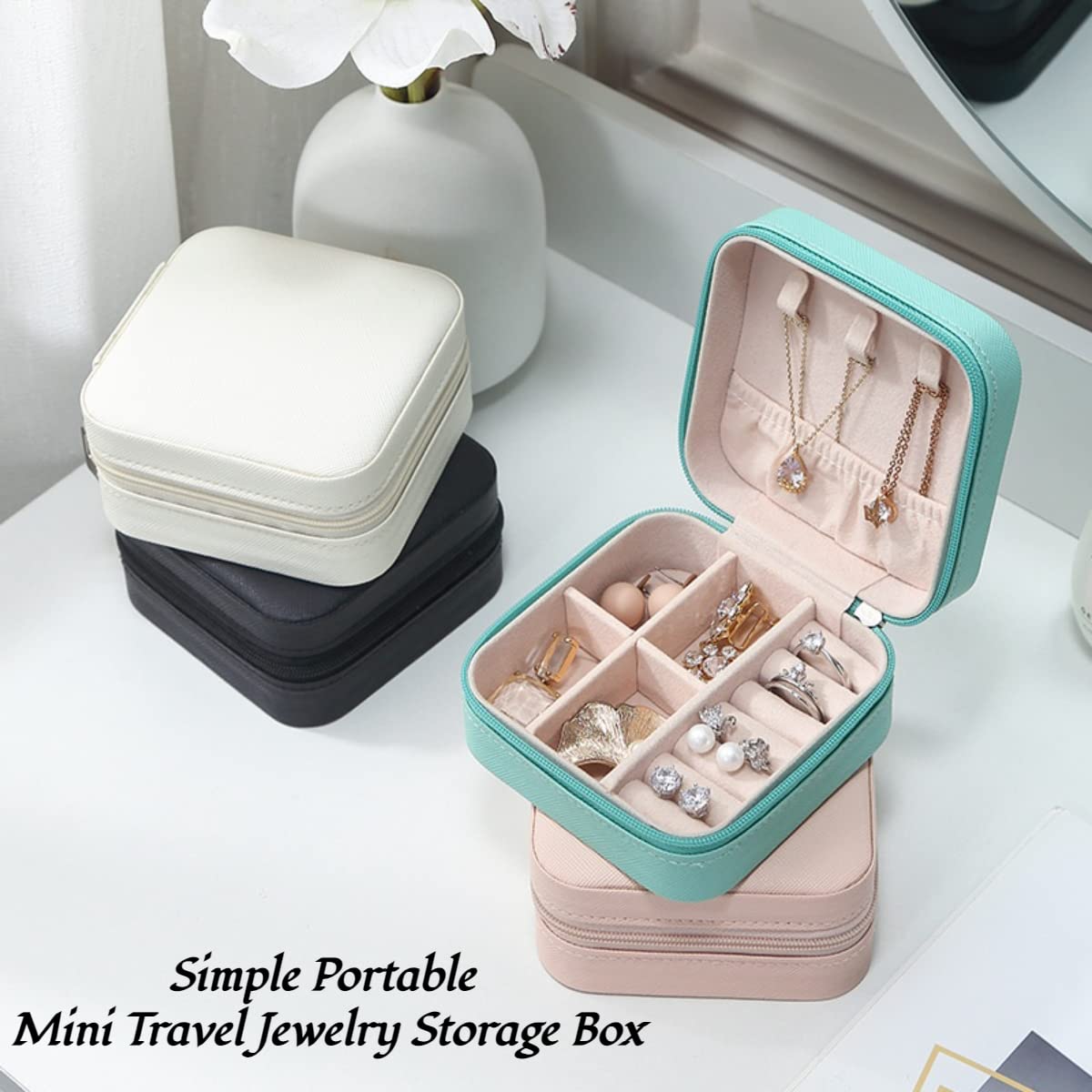 Portagioie Da Viaggio Con Strass – Piccola Scatola Per Anelli, Orecchini, Collane – 9x9x4 Cm, Brillantina