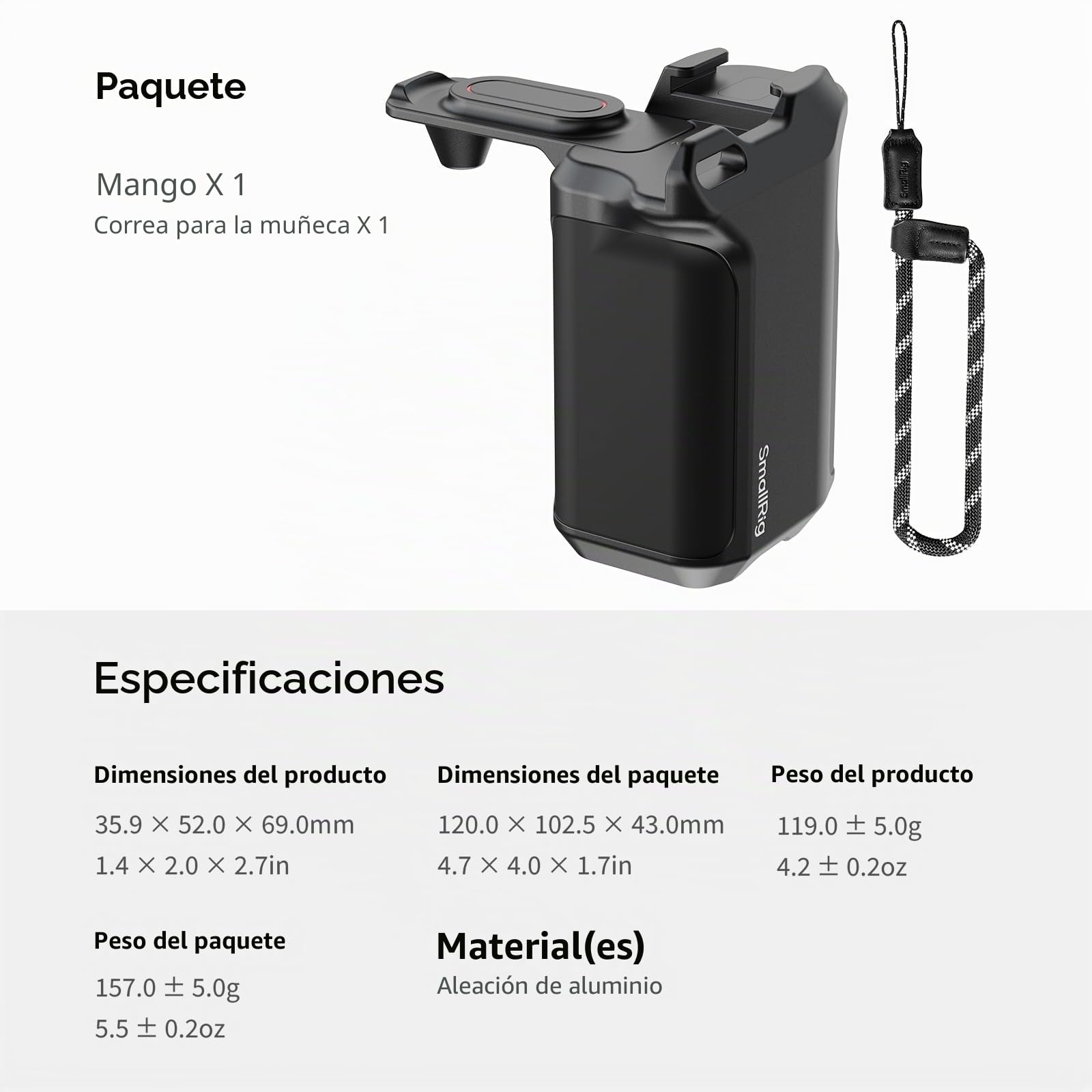 SMALLRIG Empuñadura para Fotografía Callejera para dji Osmo Action 5 pro/4/3, Liberación Rápida, Botón de Disparo, Zapata Fría, Correa de Muñeca, Roscas 1/4", para Jaulas dji y SmallRig - 5826