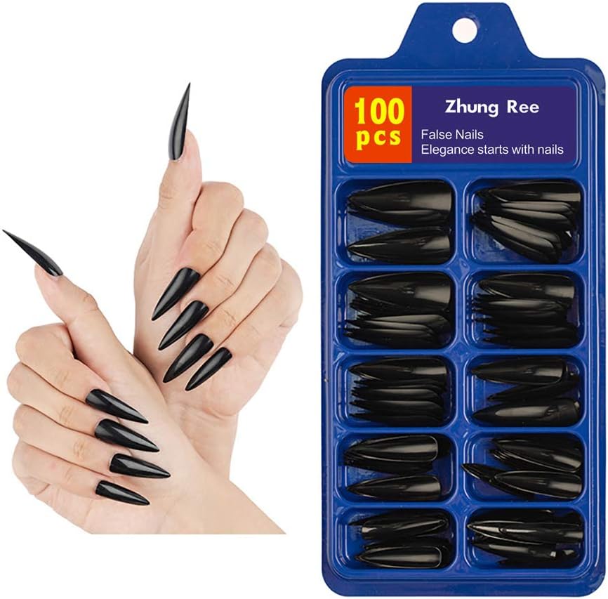 Extra Long Press on Nails Stiletto Fake Nails,100pcs Black Sharp Acrylic False Nails Full Cover With Case for Salon Women Girls (Black-2)