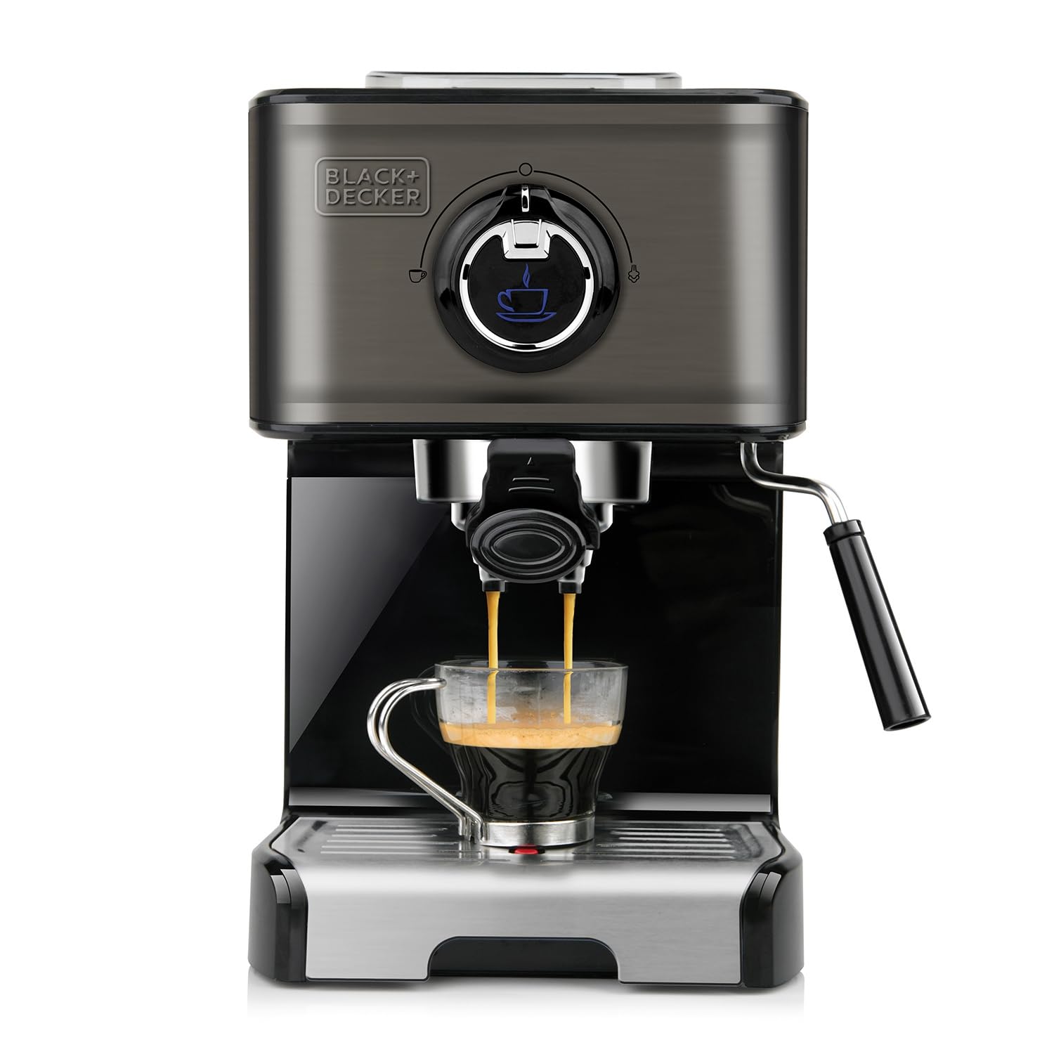 BLACK+DECKER BXCO1200E - Machine à Expresso 1200 W, 15 Bars, Réservoir 1,2 L, pour Dosette et Moulu, 2 Tasses, Buse Vapeur, Plaque Chauffante, Noir et Inox