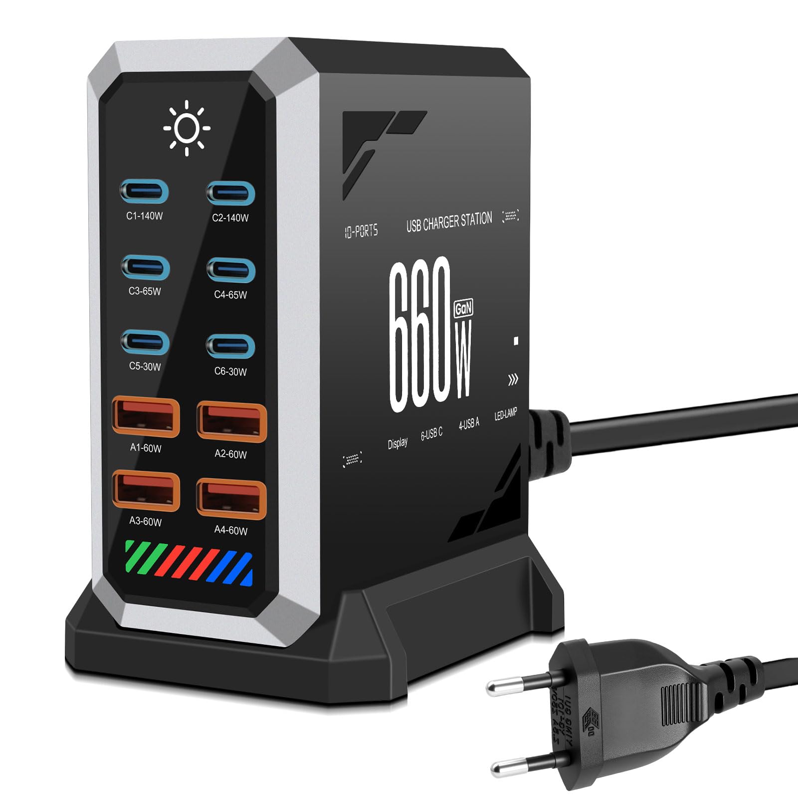 Caricatore USB C multiuso, GaN III, USB, multiuso, con 6 USB-C + 4 USB-A, Power Delivery stazione di ricarica USB C per MacBook Pro/Air, Phone, iPad, Galaxy più (nero)