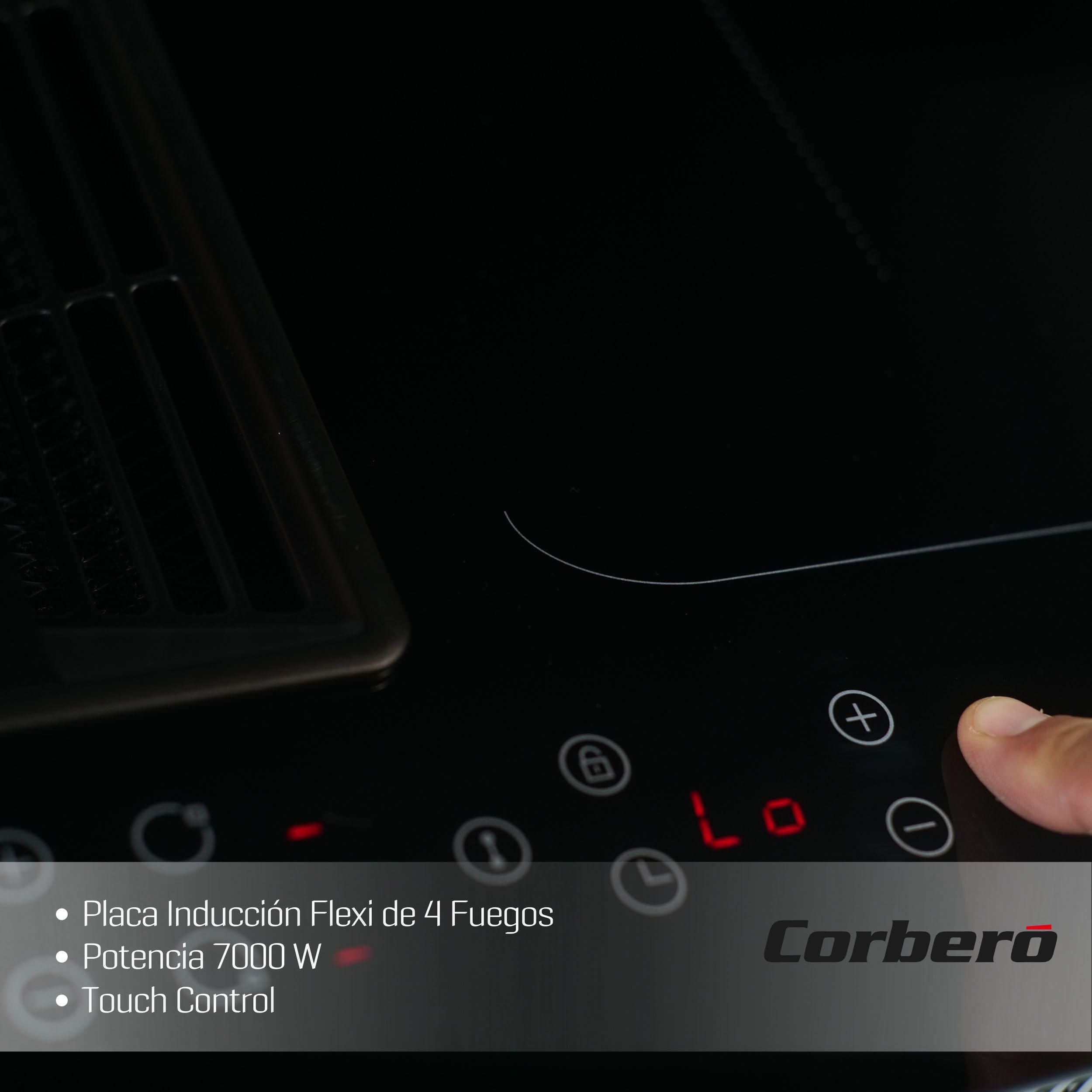 Corberó - Placa Inducción Flexi | 4 Fuegos | 7000 W | Touch Control | Boosters y Temporizador | Campana Integrada | 5 Niveles Extracción 500 m³/h | Presión 600 m³/h | Sistema Plasma+ y Luz UVC | Negro