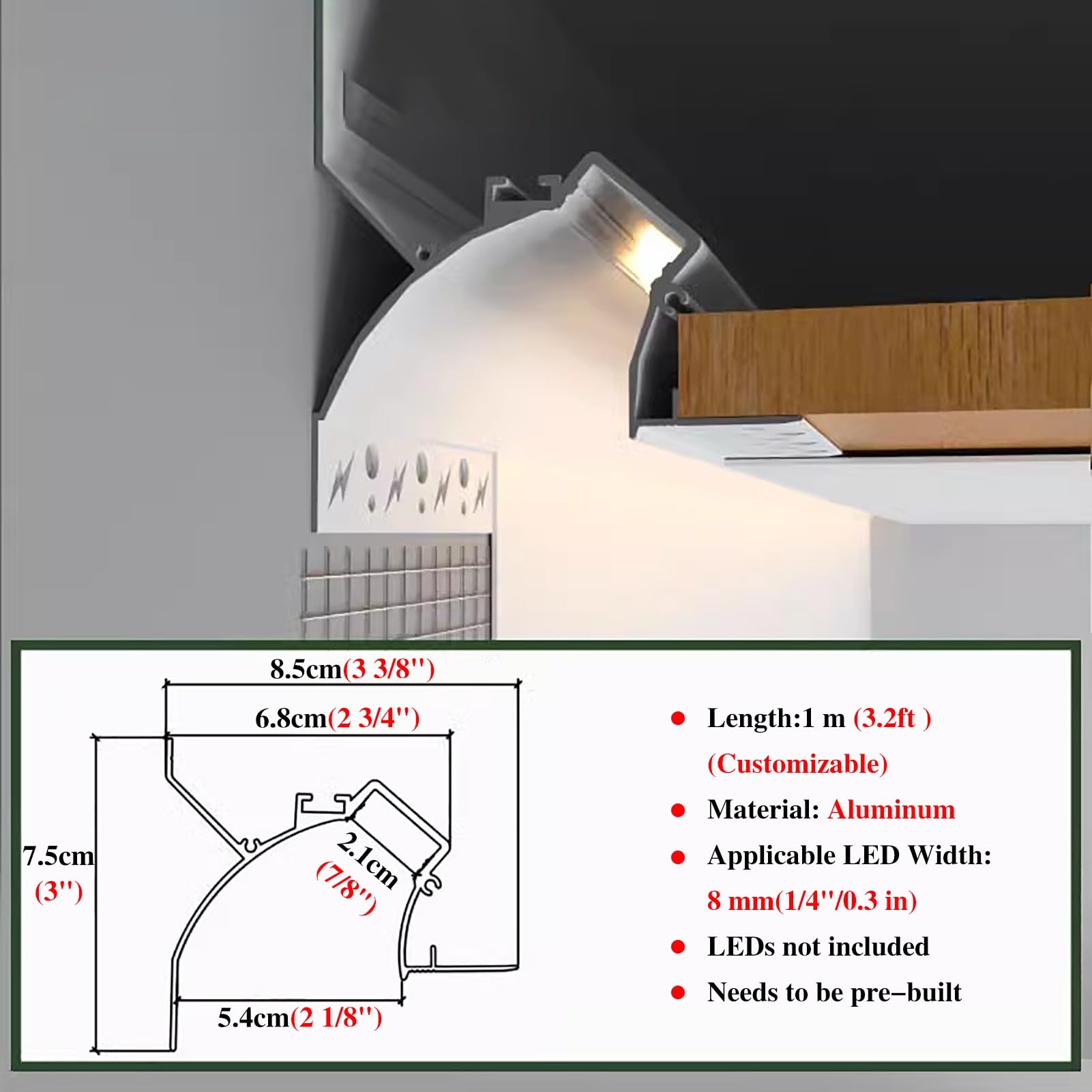 Tira de Luces LED Blancas de 1 M Alimentada por Red Eléctrica, Difusor de Iluminación de Techo con Canal LED Empotrado, Luces LED Ocultas para Oficina, Cocina, Baño, Armario(B)