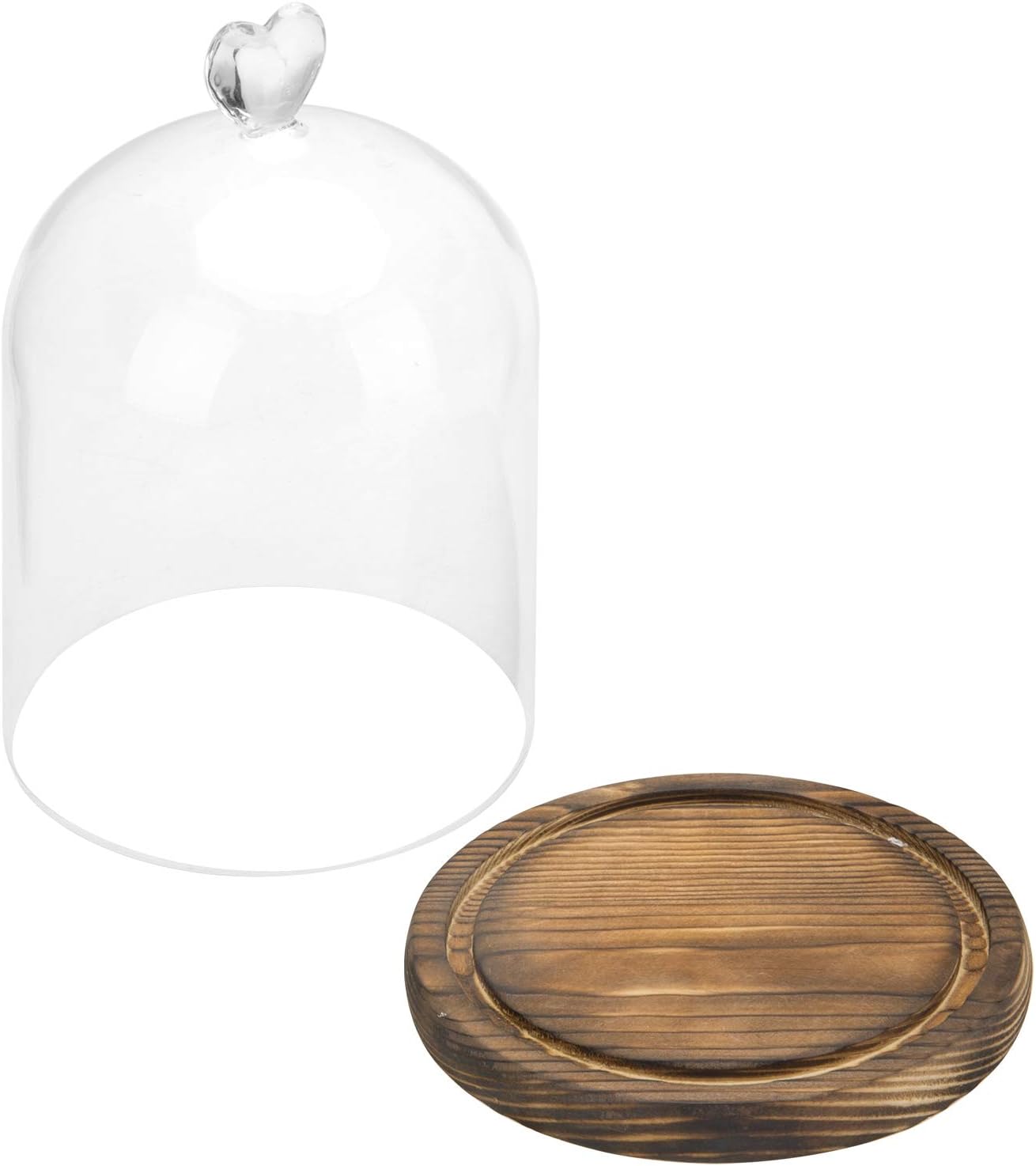 MyGift 6 Inch Small Clear Glass Cloche Bell Jar Display Case with Heart Top Handle and Dark Brown Wooden Base (5.6 x 7.6)