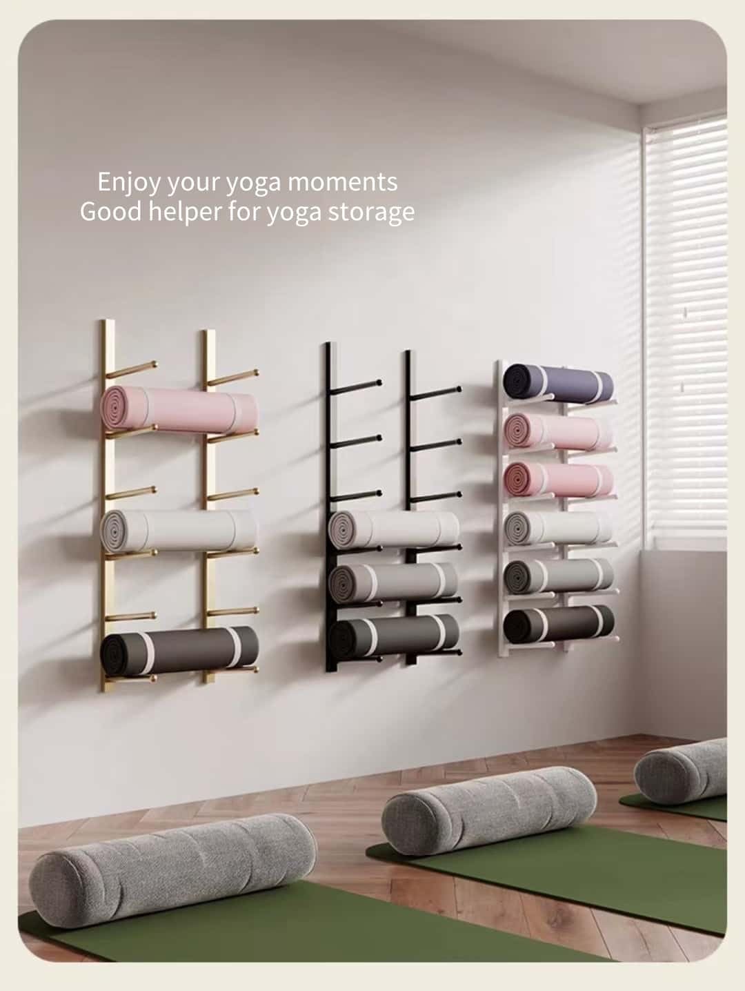 Support Mural Premium pour Tapis de Yoga - Support à 8 Niveaux avec Rangement pour Rouleau en Mousse et Bande de résistance - Accessoire de Gym à Domicile (Blanc, 51 cm)