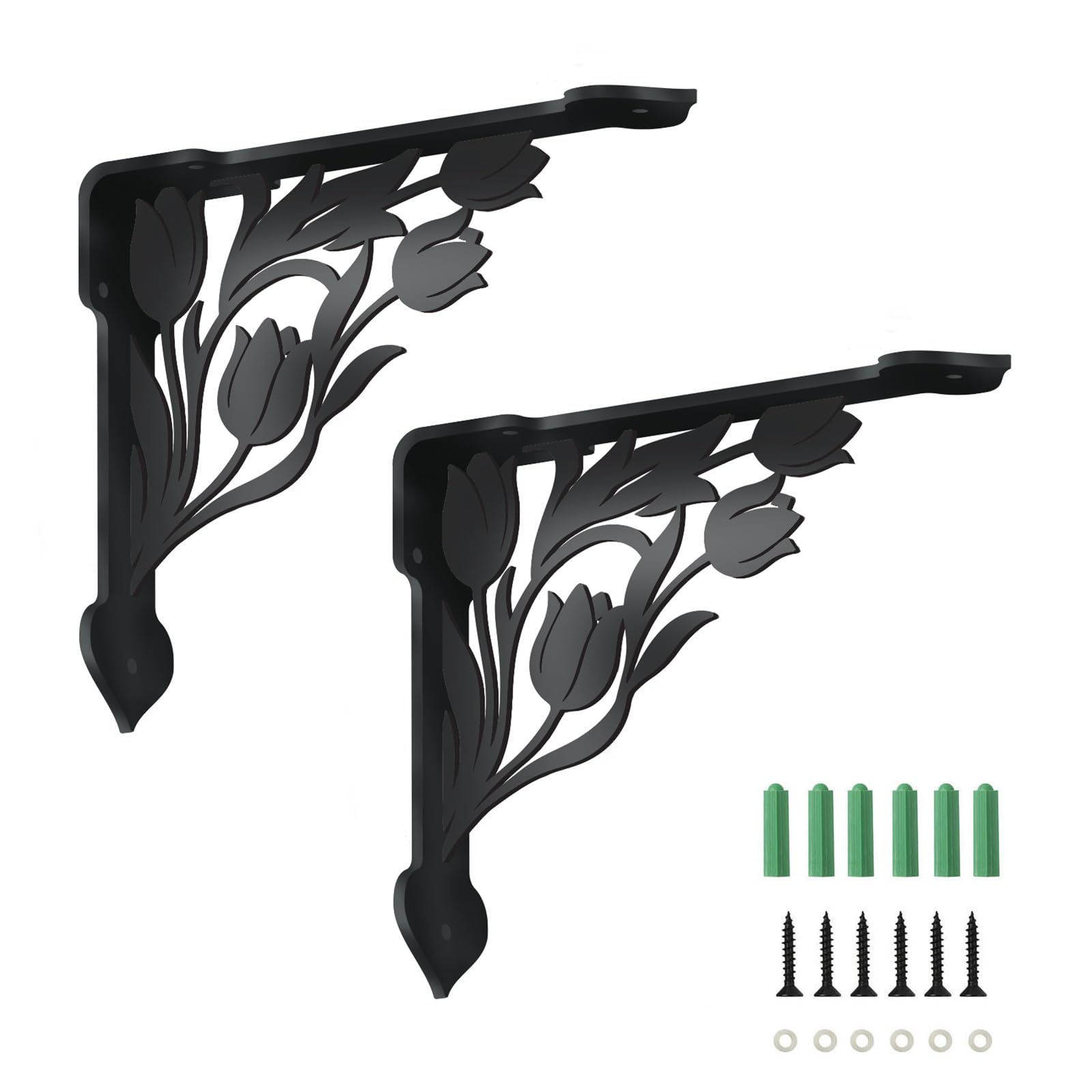 SUPERDANT 2Pcs Tulip Shelf Brackets 21x17.2cm Flowers Heavy Duty Shelf Brackets Decorative Shelves Bracket Black Iron Bracket for Shelves with Screws for Garden Bookshelf Fireplace Home Office Gift