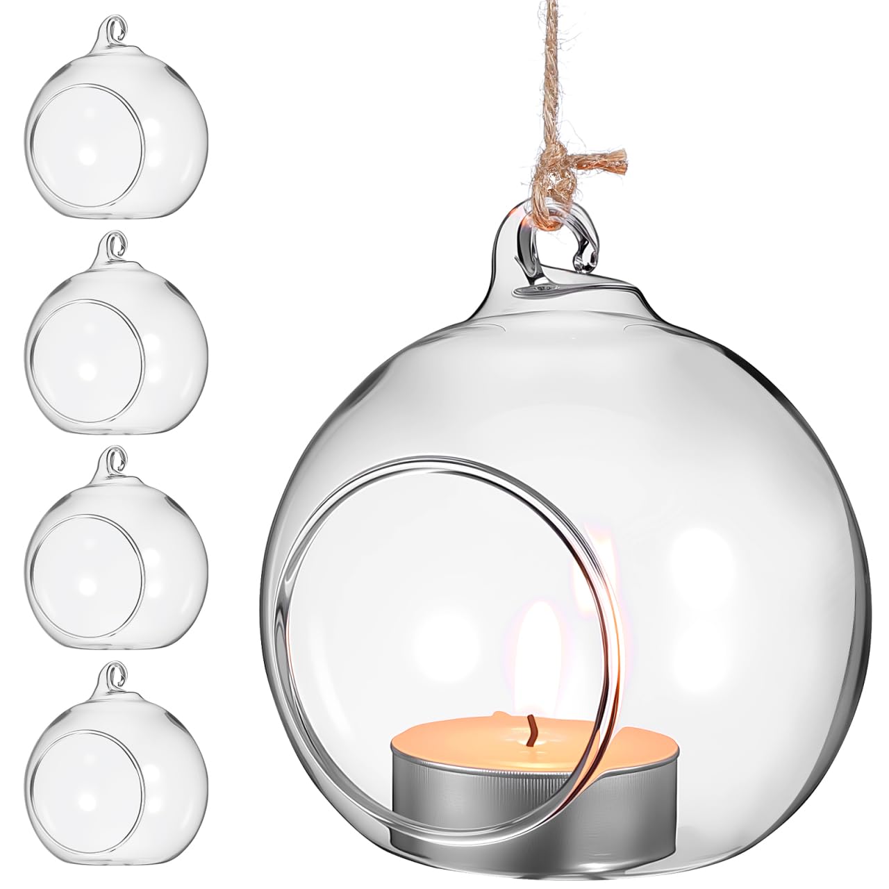 Amosfun Portavelas Colgantes De Cristal Terrario De Bolas EsféRicas DIY Soporte para Luz Led De Té JarróN Colgante para Plantas De Aire 5 Piezas con Cuerda De CáñAmo