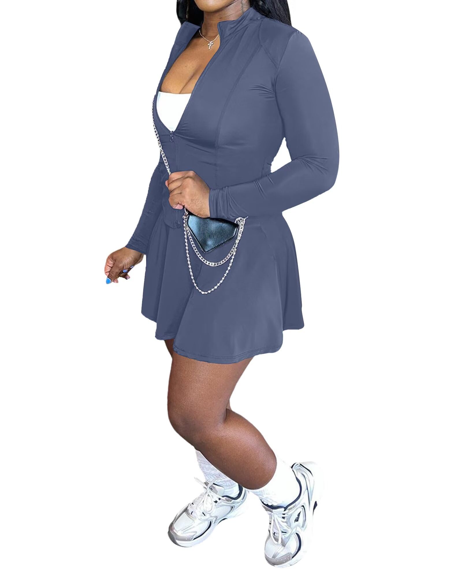 Adogirl Two Piece Tennis Skirt Sets for Women with Shorts Long Sleeve 2 Piece Outfits Zipper Jacket Pleated Mini Dress