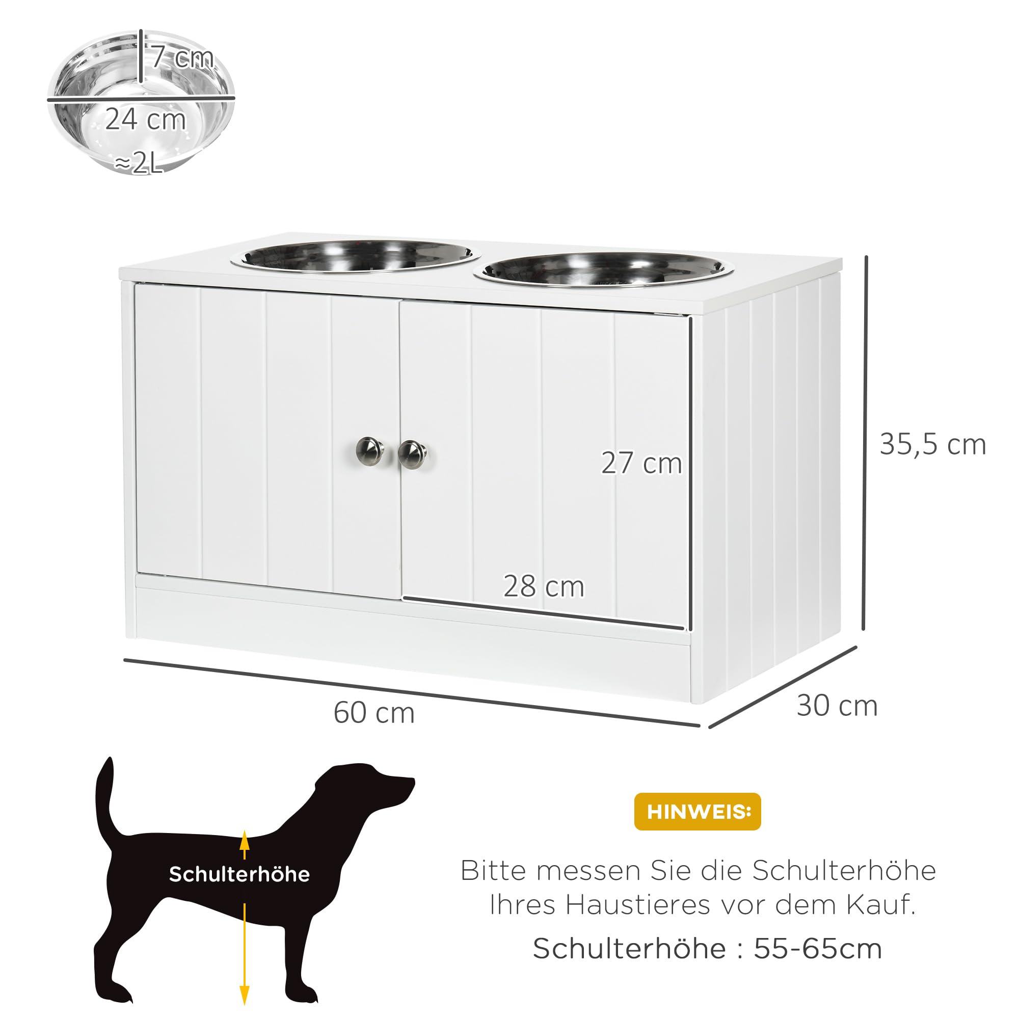 PawHut Hundenäpfe, Erhöhtes Futterstation mit 2 Edelstahlschüsseln, Hundenapfständer mit 44L Stauraum, Magnettüren, Fressnapf, Wassernapf für Große Hunde, Weiß
