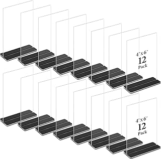 12 Pack Acrylic Sign Stand Trade Show Booth Sign Display Stand, T Shape Clear Black Base Double Sided Menu Display Stand Desk Display Stand for Restaurant, Office, Home, Shop(Vertical,4 x 6 Inch)