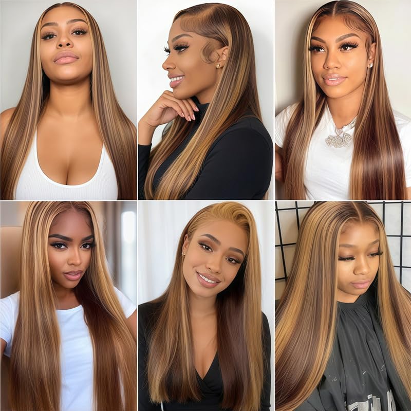 Blonde Highlight Straight Bundles Human Hair 16 18 20 Inch Virgin Remy Honey Blonde Bundles Human Hair Brazilian Highlight Brown Bundles Hair Extensions P4/27 Color