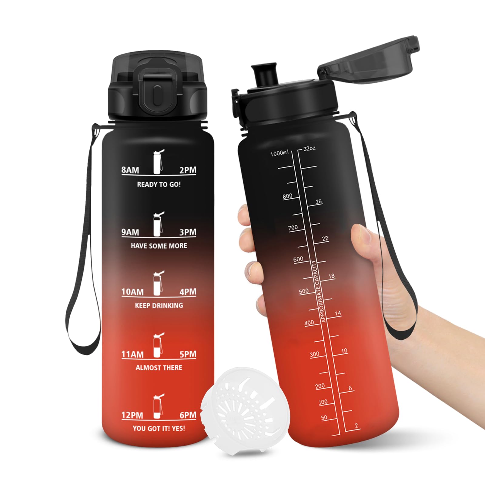 Borraccia, 1000ML Senza BPA, Borraccia Bambini, Design della serratura a prova di perdite, Borraccia Motivazionale, Con marca temporale, Bottiglia Acqua per Yoga, Sport, Scalare Montagne - Nero Rosso