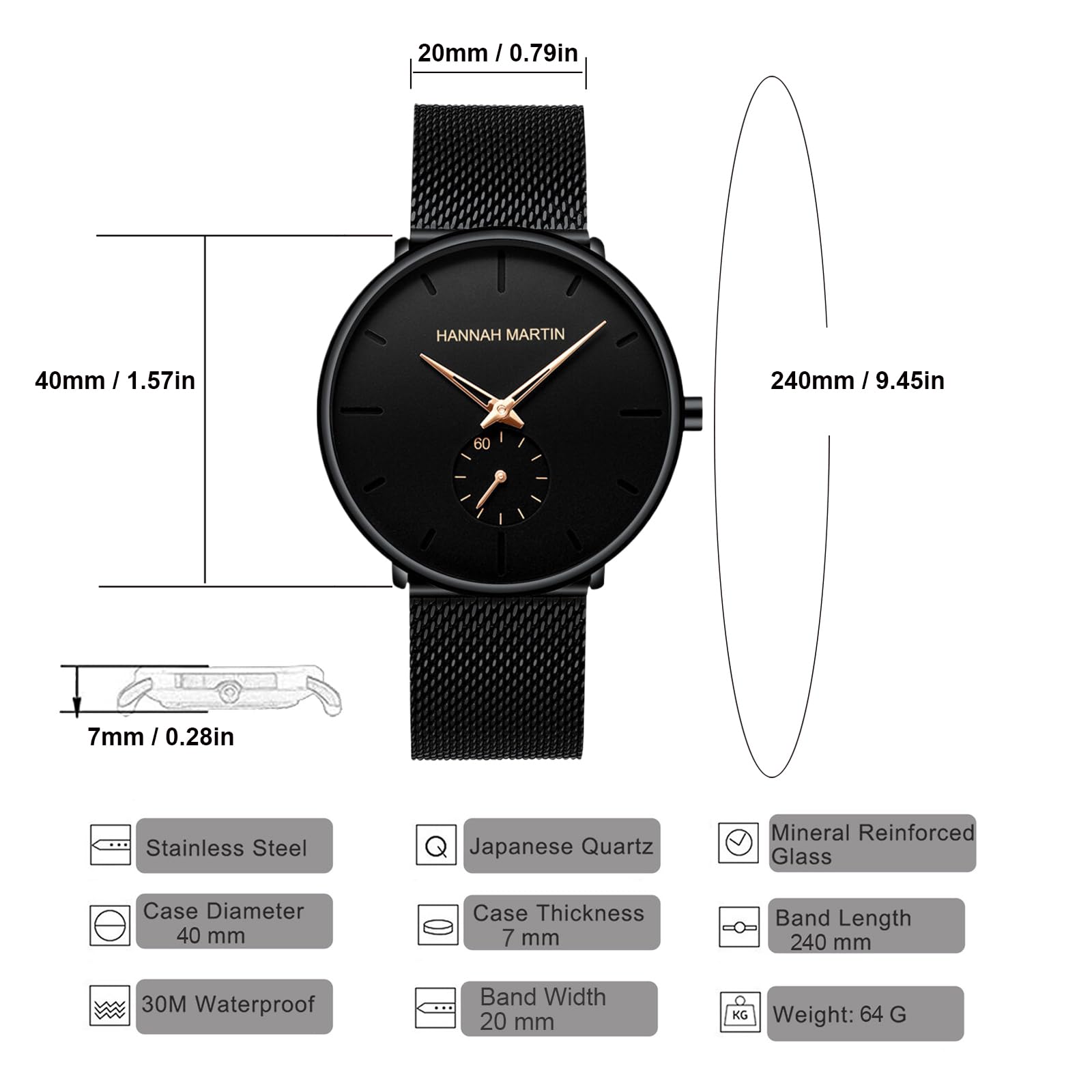 Orologio da polso da uomo, alla moda, nero, ultra sottile, minimalista, unisex, con cinturino in maglia in acciaio inox
