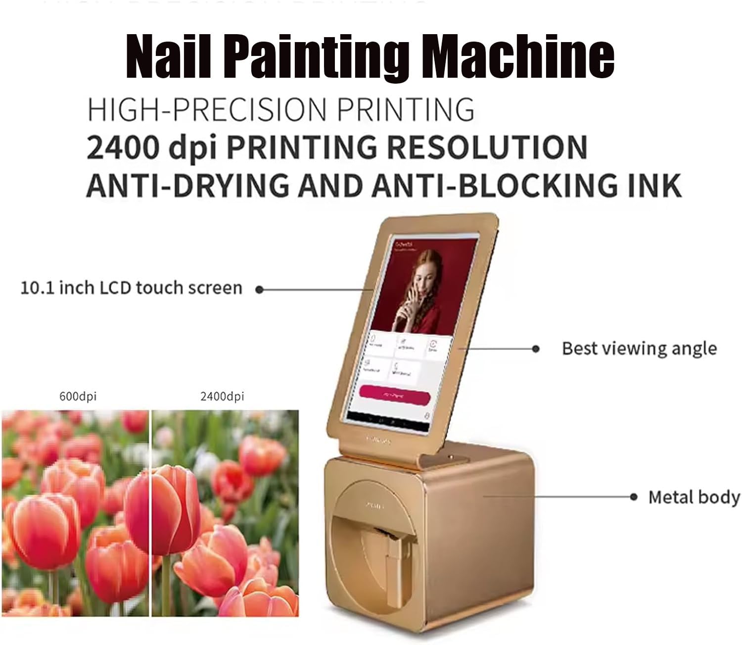 Macchina portatile 3D per nail art, stampante digitale per nail art, macchina per stampa a colori fai da te con touch screen da 10,1 pollici, stampa 35 secondi, per manicuristi, RoseGo, oro