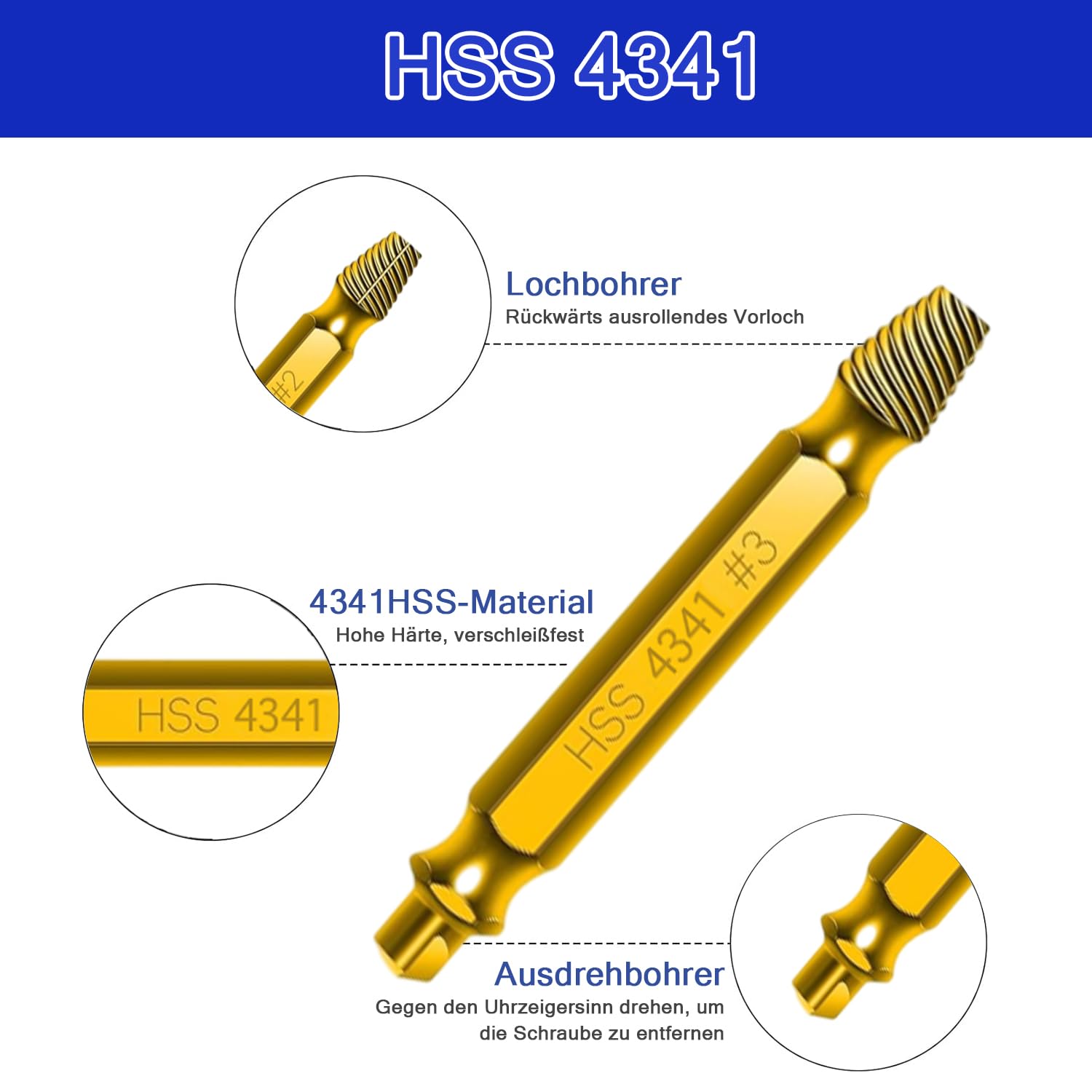 Schraubenausdreher Set 6 Stück, Hergestellt aus HSS 4341, Beschädigte Schraube Entferner Extraktor Set, Extraktor zum Entfernen fester & beschädigter Schrauben, Gold