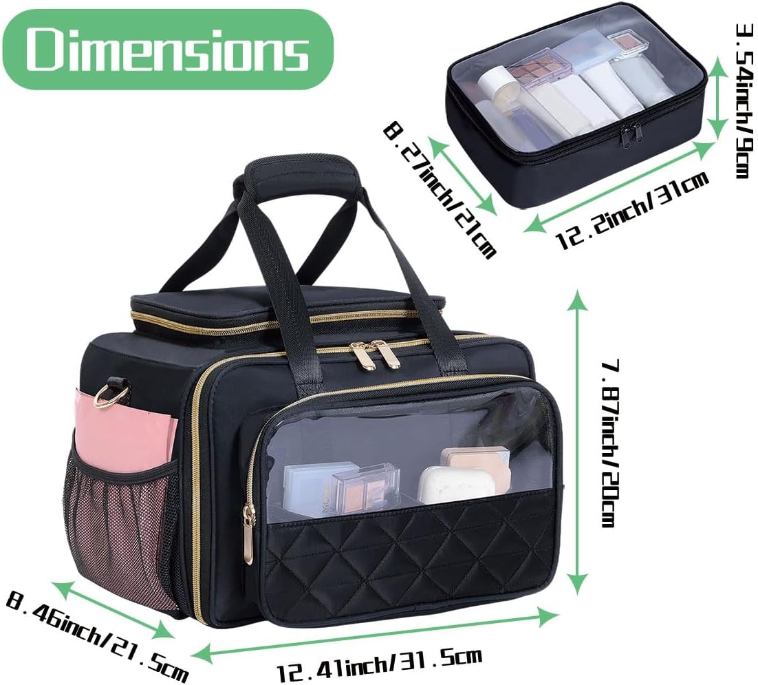 Large Makeup Bag for Women, Travel Toiletry Bag with 2 Removable Pouches, Wide-Open Design for Toiletries, Cosmetics, Brushes & Beauty Tools (Black)