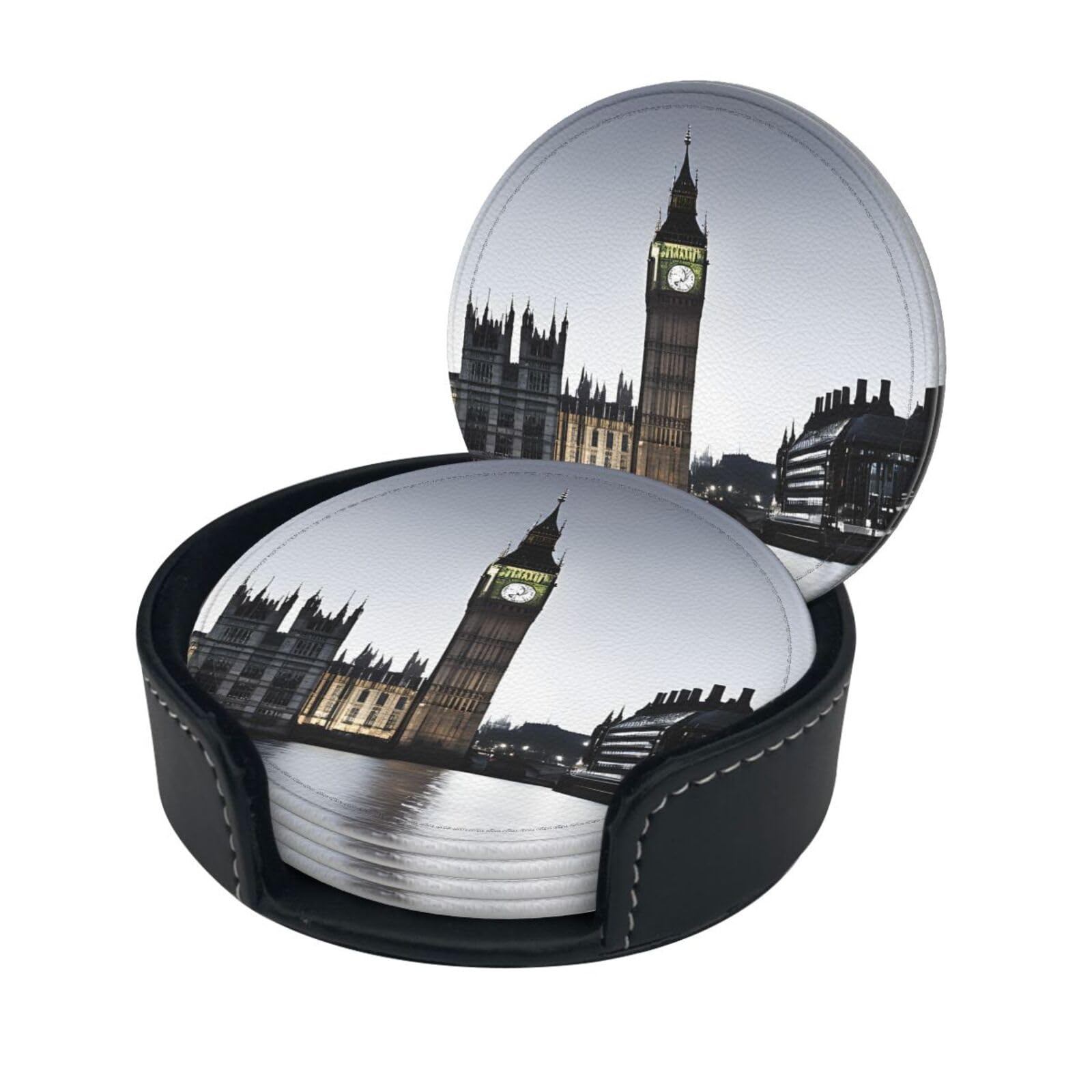London Print Coaster,Round Leather Coasters with Storage Box for Wine Mugs,Cold Drinks and Cups Tabletop Protection (6 Piece)