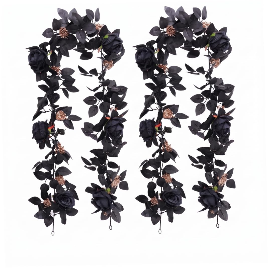 Sjfbebsy 2pcs Black Rose Garland Flower Vines - Flexible Halloween Garland For Gothic Wedding & Home Decor Style 2