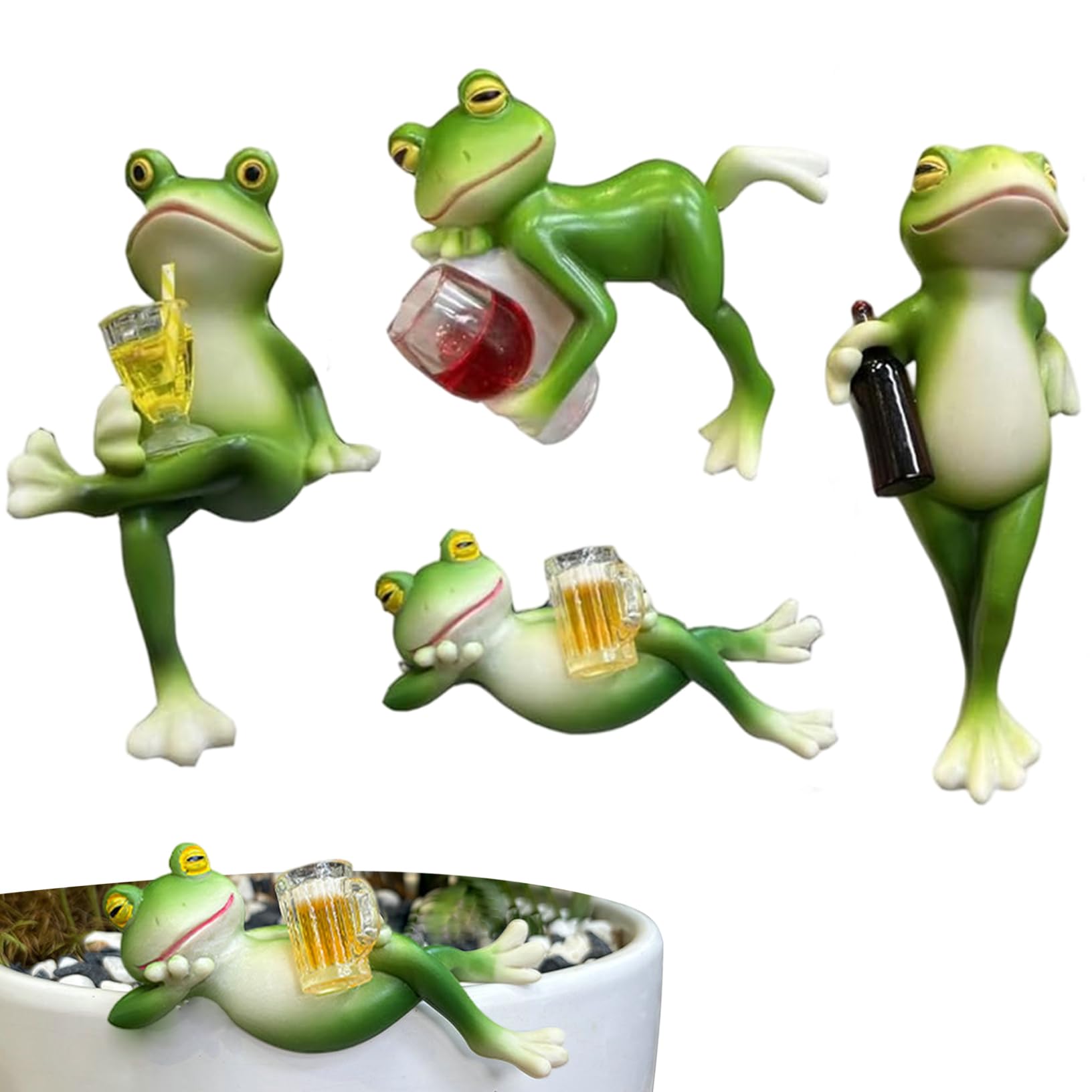 Ameble Green Set Of 4 Pot Hugger Cheerful Resin Frog Figurine With Drinks Cute Plant Pot Hugger Decorations For Indoor Outdoor Garden Terrarium Shelf Plant Accessories