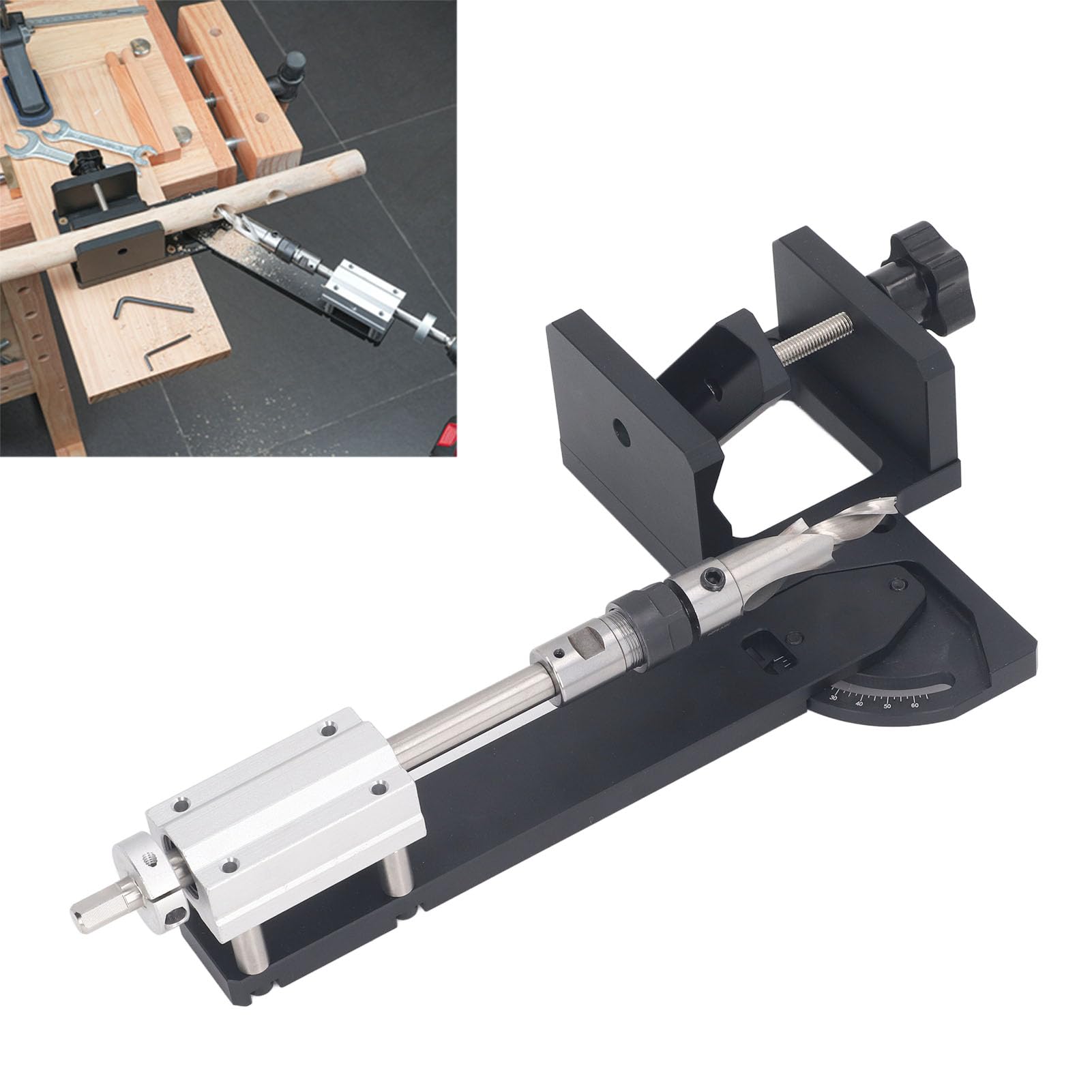 Kit di punte per forare angoli in legno, guida regolabile da 0 a 60 gradi per barre tonde da 30 a 70 mm, con punta a scalino e chiavi esagonali per progetti di falegnameria di