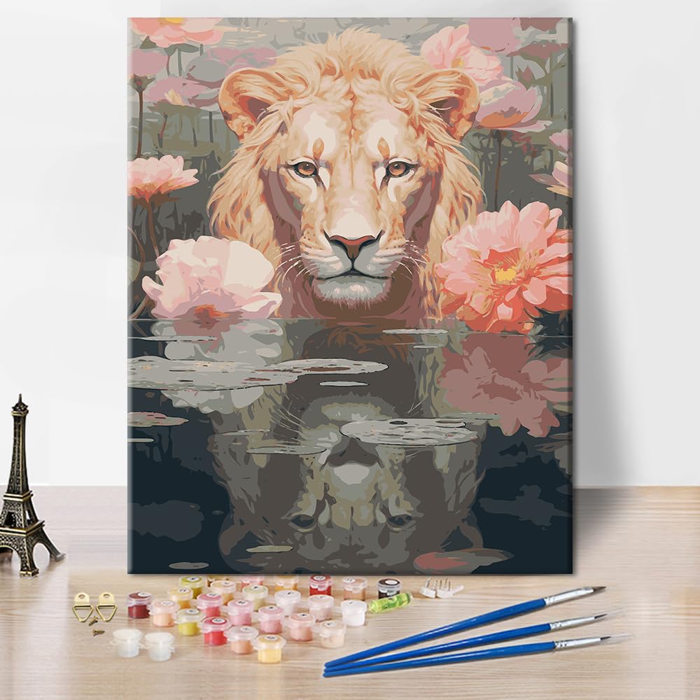Adults Paint by Numbers DIY Animals Canvas Artwork Lion in Water Reflection Oil Painting Lotus Pond Flower Painting Kids Painting by Numbers with Brushes and Acrylic Canvas Artwork 16x20 in