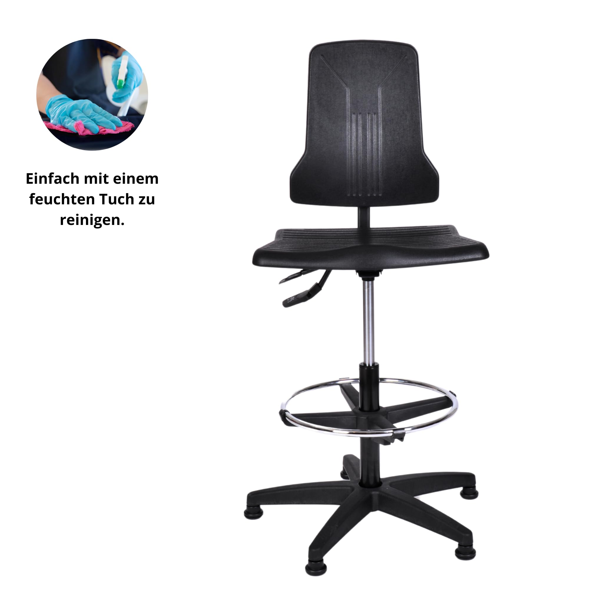 Topsit IND000120 Arbeitsstuhl aus Polyurethan, ergonomischer Arbeitsstuhl für Labor, Synchronmechanik, höhenverstellbar und leicht zu reinigen, Stabiler Sockel mit Metallfußring und Füßen.