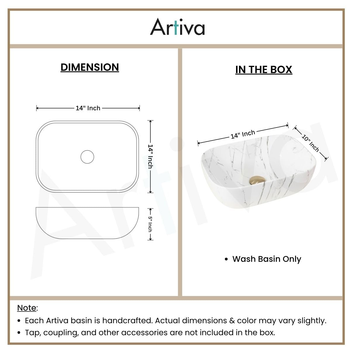 Artiva Small Tabletop Wash Basin For Bathroom/White Ceramic Countertop Sink/Bathroom Basin/Rectangle Vanity Vessel Sink/Glossy Table Top Washbasin For Home, Hotel, Office (Lito White, 10x14 Inch)