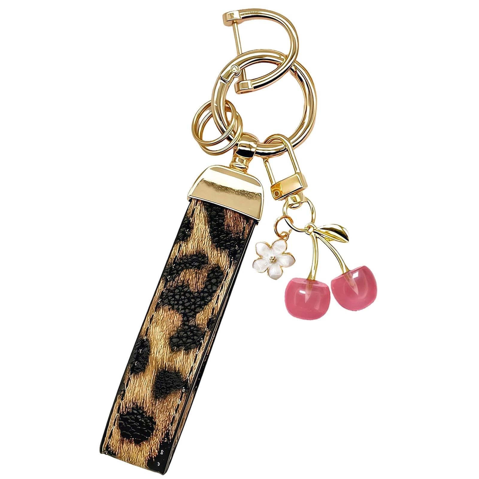Riircsge Women's Brown Leather Keychain Wristlet Cherry Charms Car Keychain, Leopard Print Keyrings Gifts For Bag Purse Charms Car Key Fob Holder