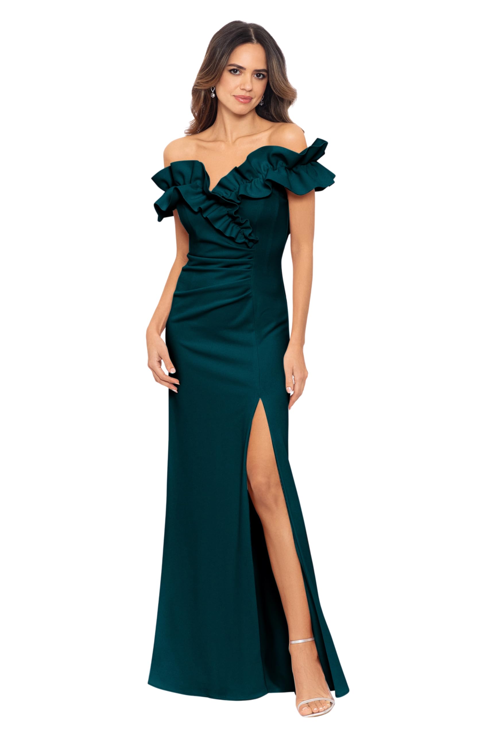 Xscape Womens Long Stretch Scuba Crepe Ruffle Collar Ruched DressSpecial Occasion Dress