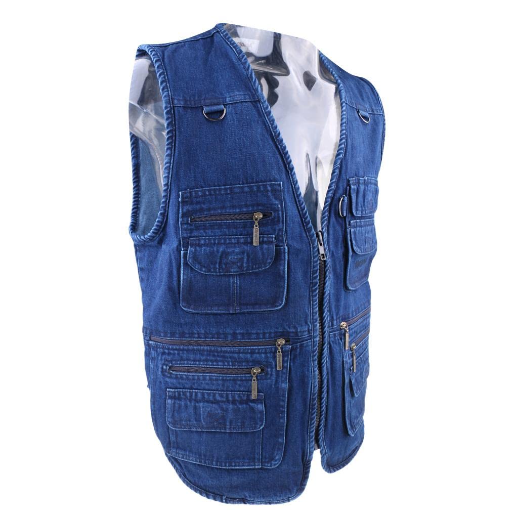UJEAVETTE Mens Denim Leisure Outdoor Fishing Vest Photography Multi-Pocket Jacket XL-picture-12